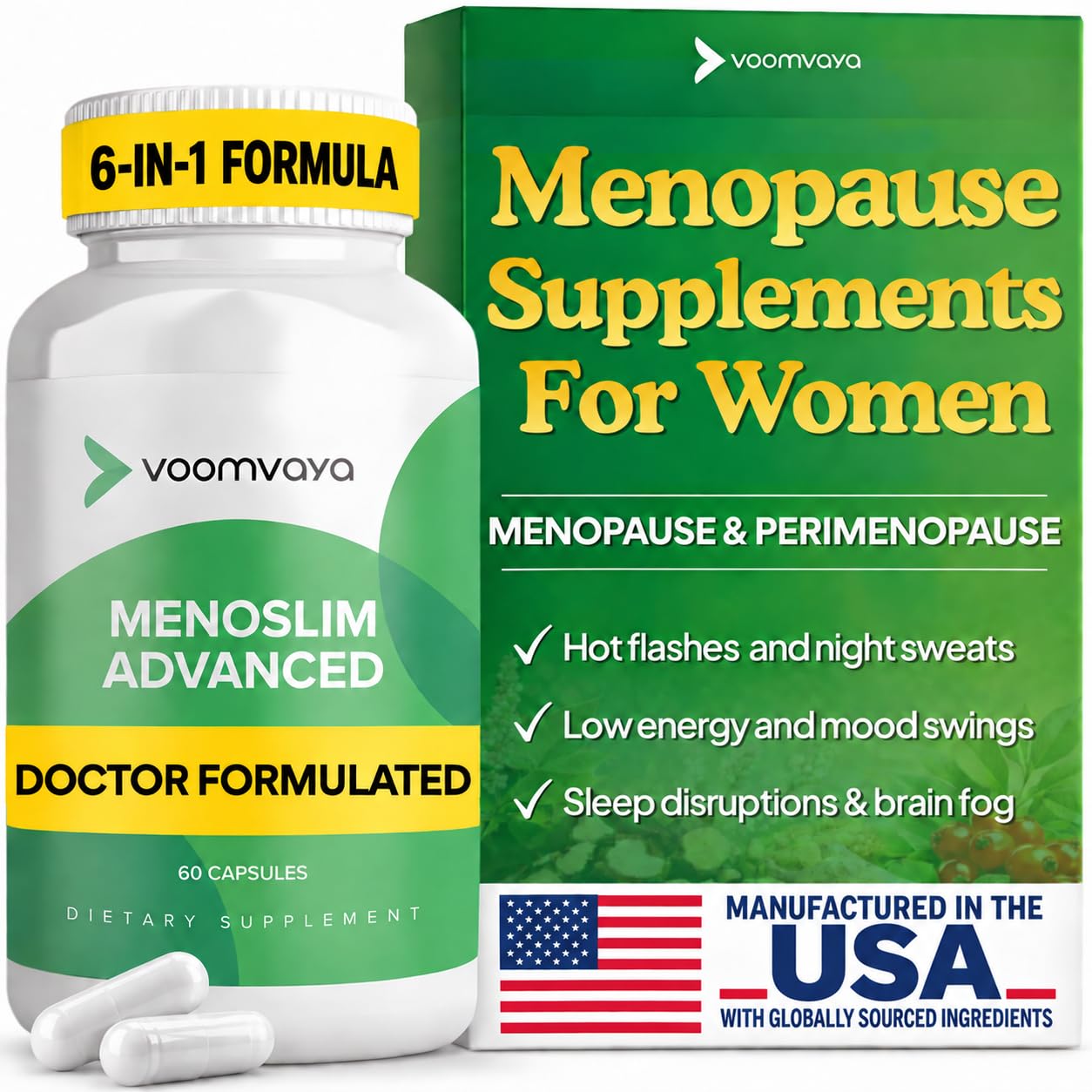 VoomVaya MenoSlim Advanced Menopauze gewichtsverlies voor vrouwen - Menopauze & Perimenopause Supplements for Women - Estrogeen Supplement & Menopauze Relief for Hot Flashes, Bloating, Energy - 60 Capsules