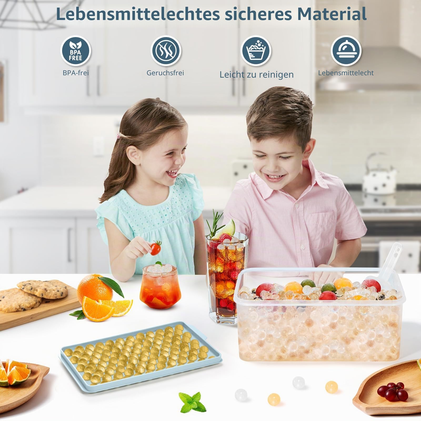 WIBIMEN Mini Eiswürfelformen, Verbesserte Runde Eiswürfelform, 104 x 4 Stück kleine Eiswürfel zum Kühlen von Getränken, Kaffee, Saft(4 Stück blaue Eiswürfelformen & Eisbehälter & Eisschaufel)