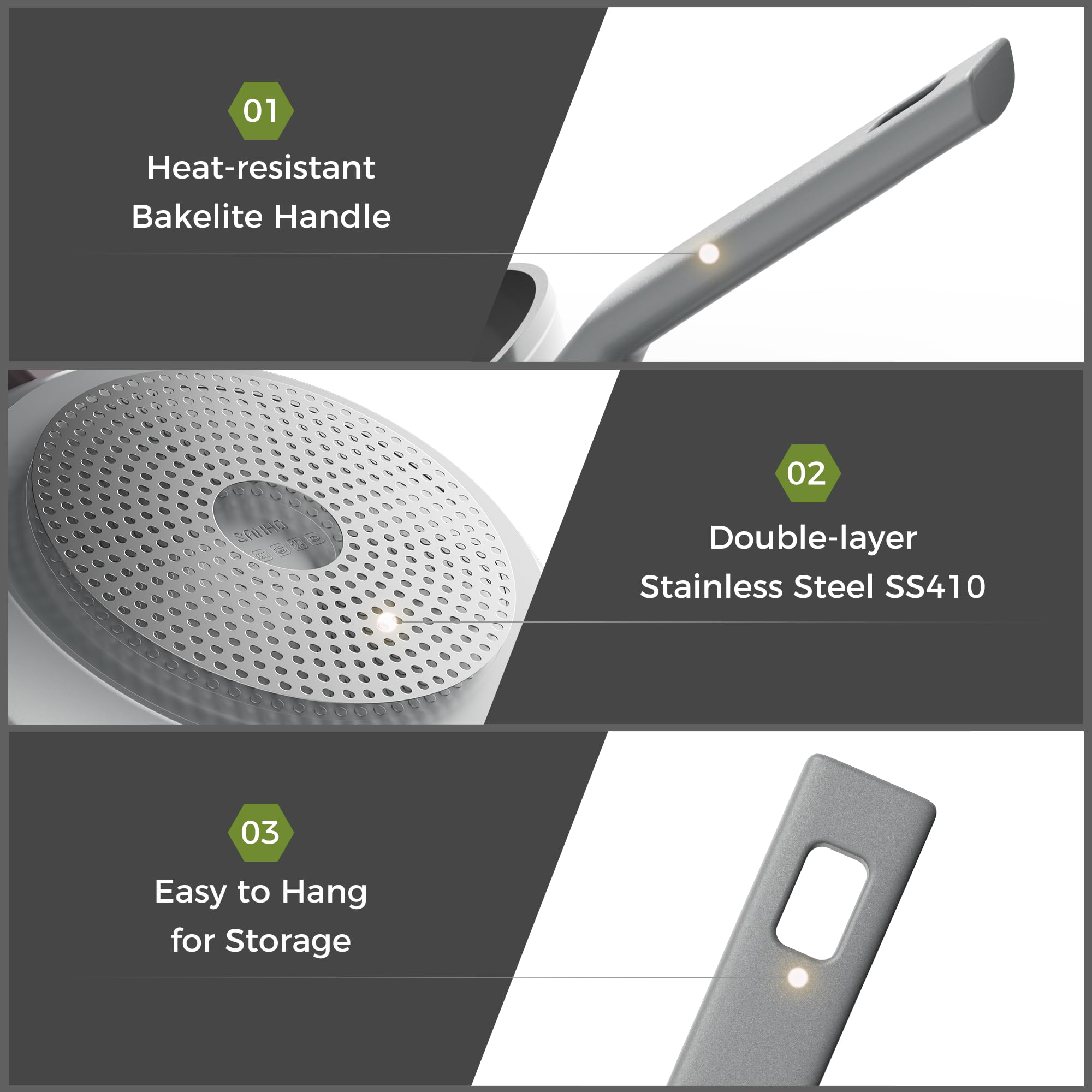 Sanho Juego de sartenes antiadherentes, sartén de cerámica de titanio diamante con mango de electrowood, 8, 10, 12 pulgadas, utensilios de cocina no tóxicos (libre de PFAS/PTFE/PFOA), apto para