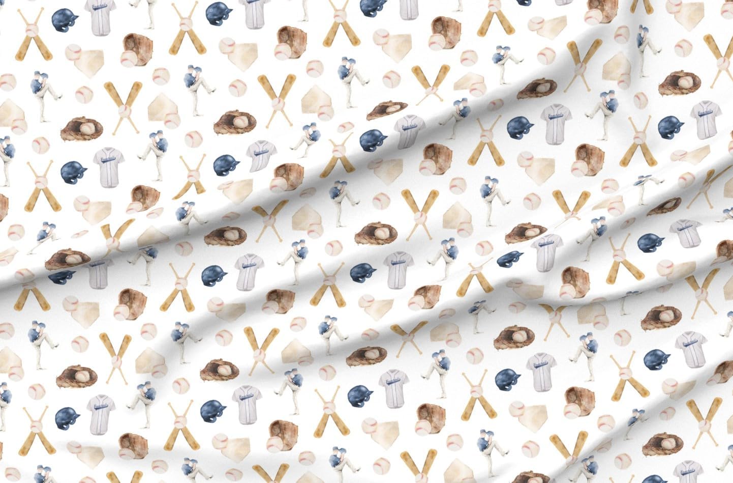 Spoonflower Fabric - Baseball Watercolor Summer Sports Batter Up Bat Ball Helmet Jersey Printed on Organic Cotton Sateen Fabric by The Yard - Sewing Quilting Apparel Home Decor