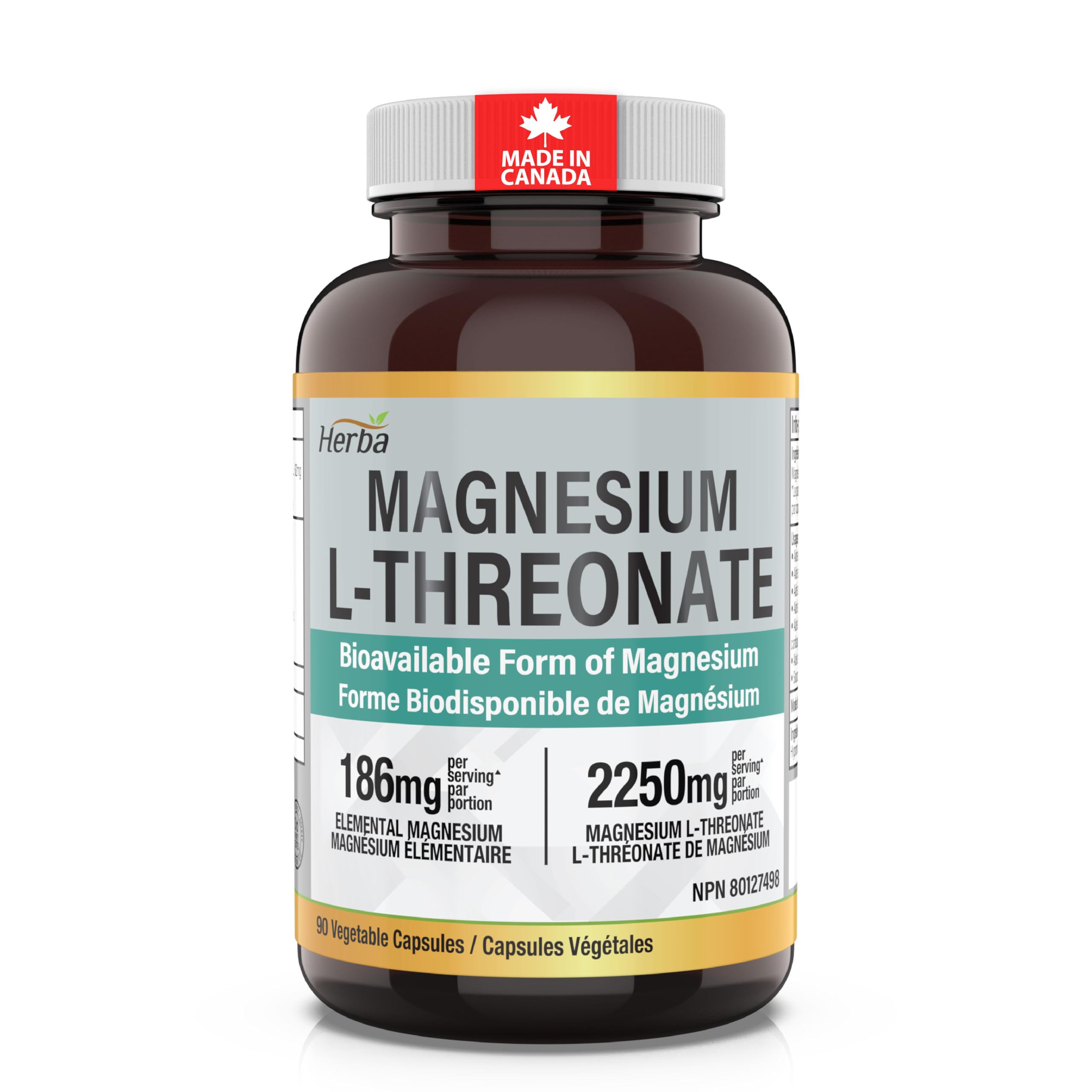 Herba Magnesium L-Threonate Canada – 2,250mg of Magnesium L Threonate Per Serving (3 Capsules) - 186mg of Elemental Magnesium | Bioavailable Form of Magnesium Supplement | 90 Vegetable Capsules | Made in Canada