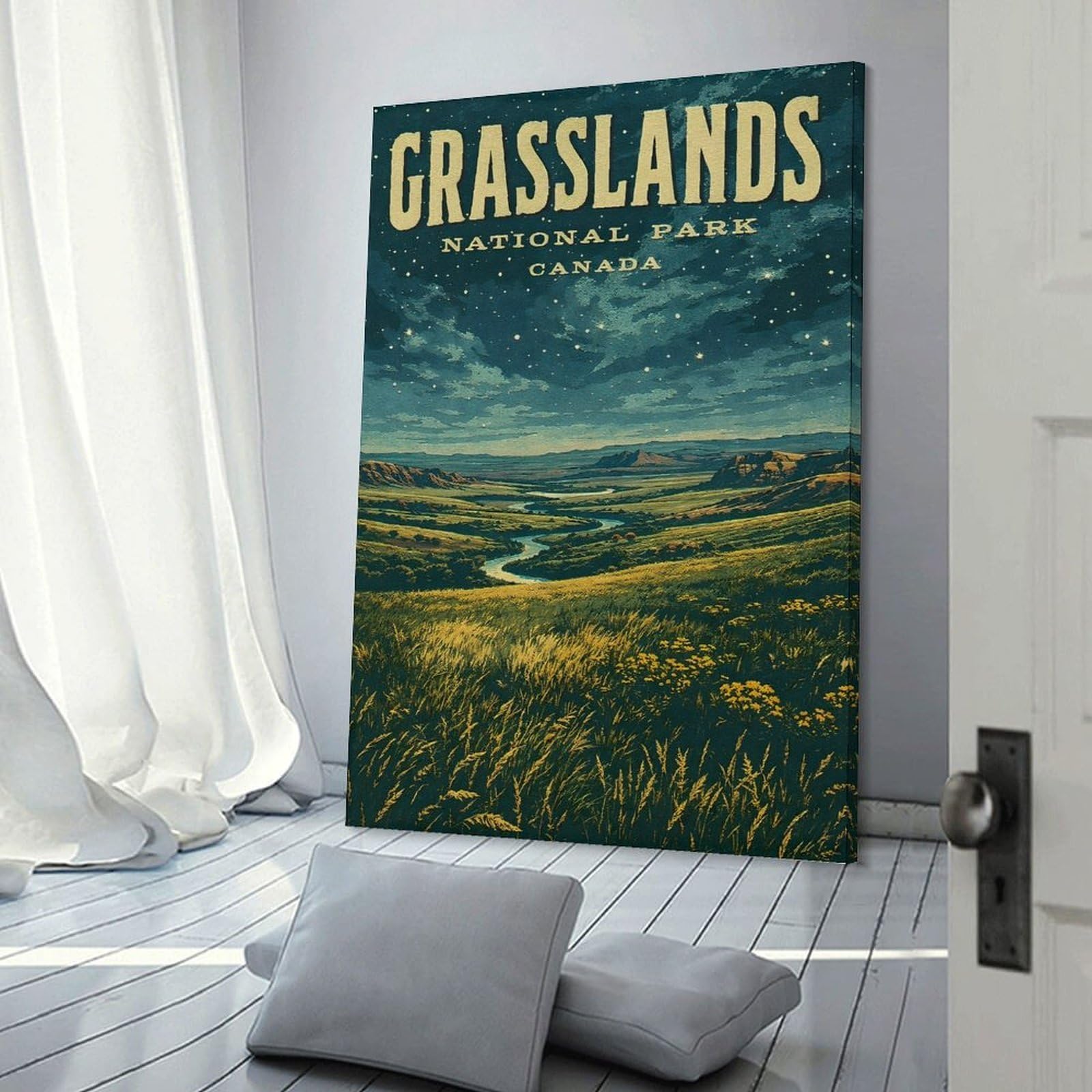Junmoney Grasslands National Park Canada Vintage Canvas Art Print, 12x18inch(30x45cm), for Restful Interiors, Bedrooms Or Small Rooms, A Warm Accent for Relaxed Interiors