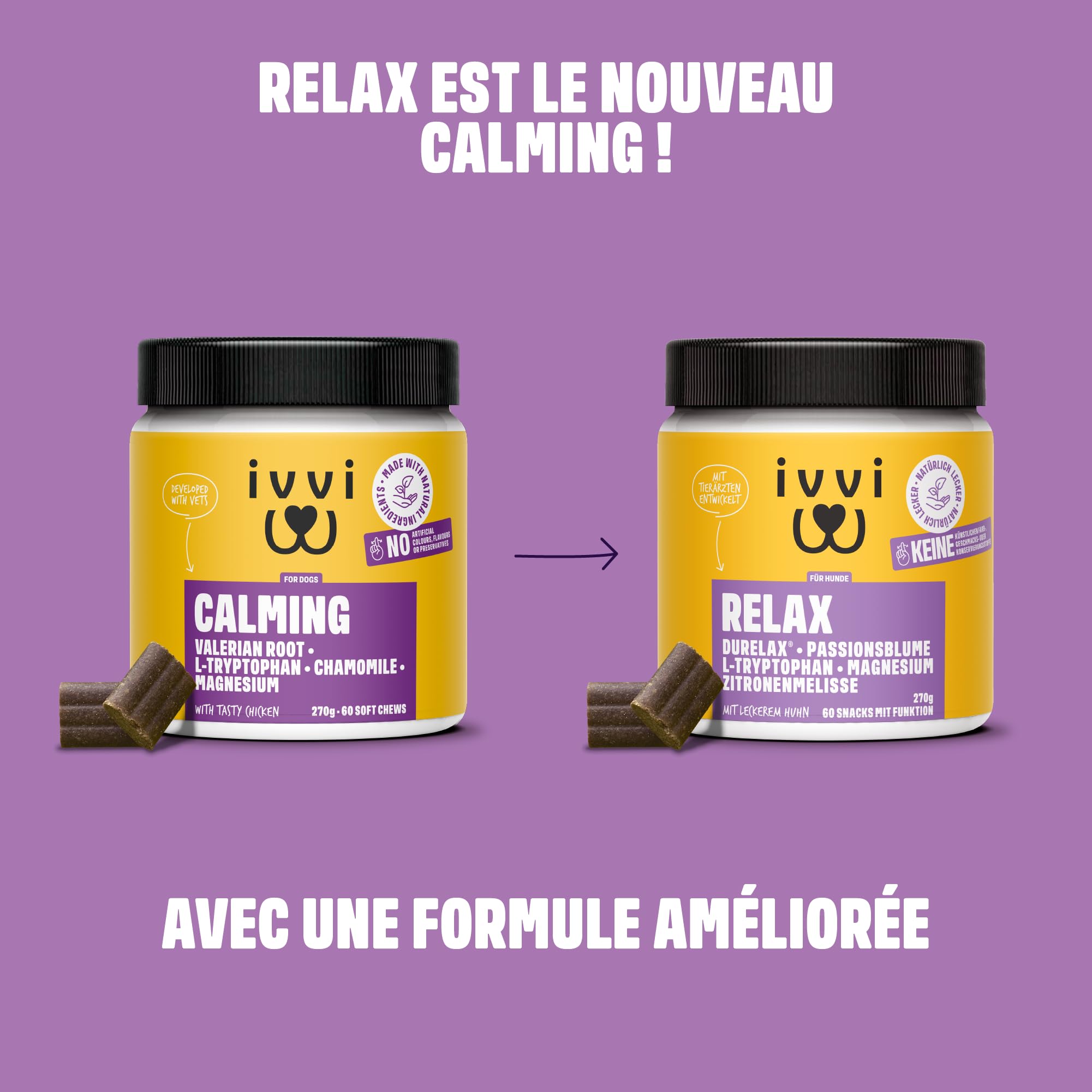 ivvi Relax Calmant pour Chiens - Formule avec L-Tryptophane en Cas d'Anxiété, de Stress et pour se Calmer - 60 Délicieuses Friandises au Poulet