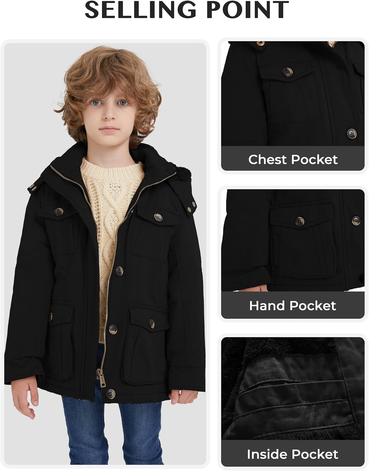 Key Features of the WenVen Removable Hood Sherpa Parka for Boys