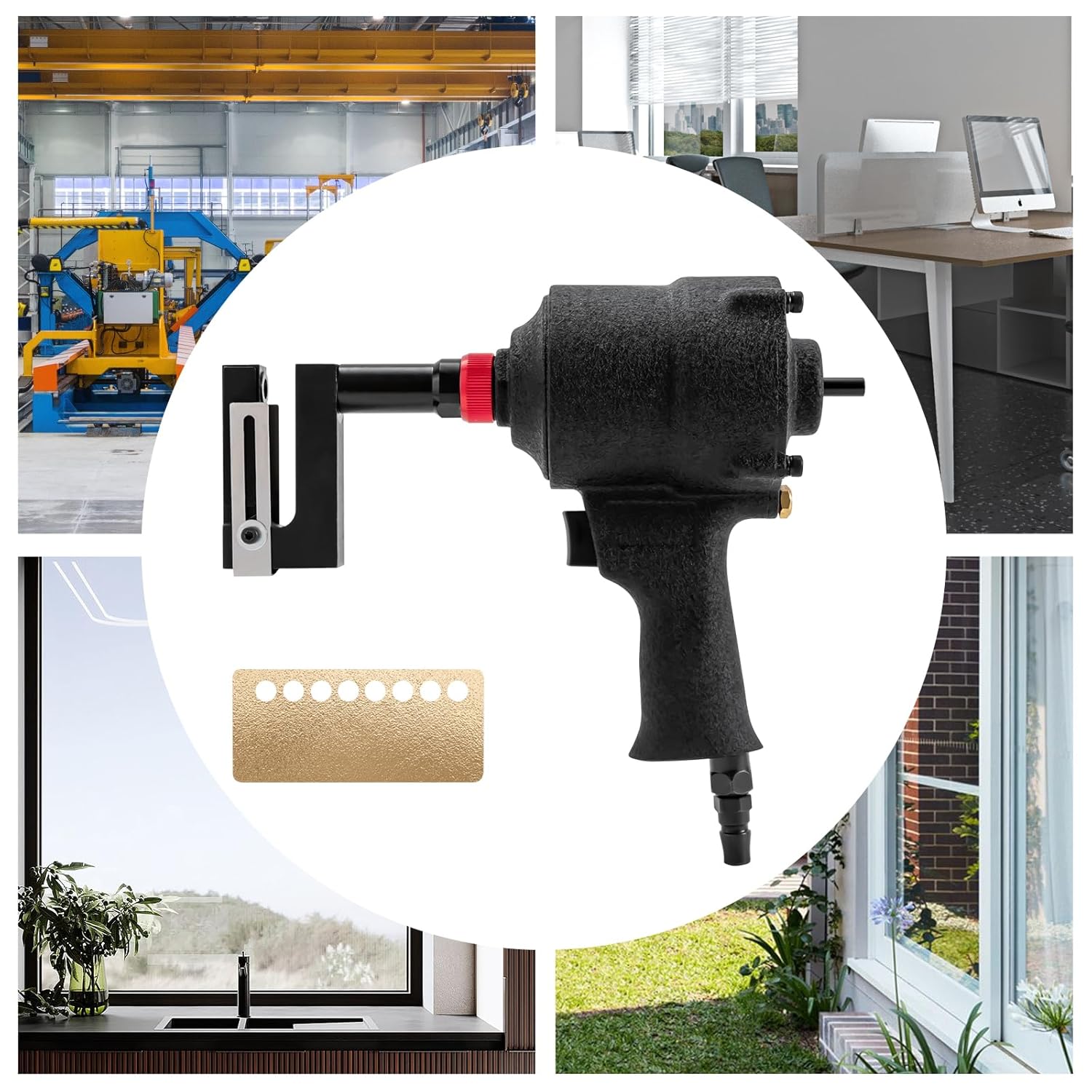 8mm Pneumatic Hole Punch - 360° Rotating Head Air Metal Hole Punch Tool, 0-1.73in Adjustable Margin, for Doors & Windows Factory Office and Home (Black)