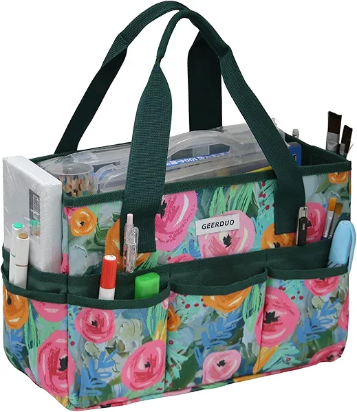 Craft Organizer Tote Bag Art Caddy with Multi-Pockets for Office Supplies Scrapbooking Sewing Storage Green Floral