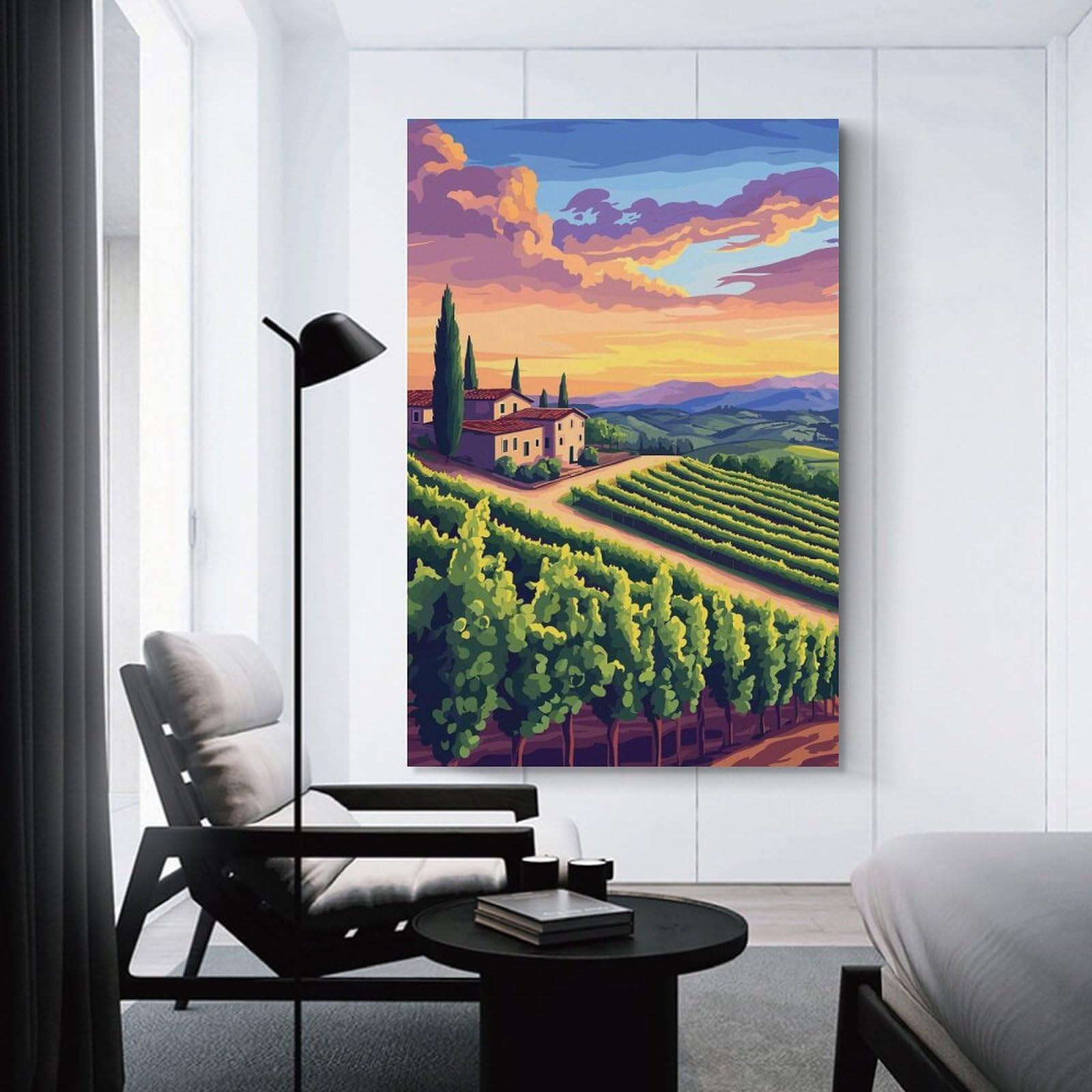 Junmoney Tuscan Vineyard Landscape at Sunset Canvas Wall Picture 24x36inch(60x90cm), for Study, Office Or Focused Interiors, Home Office Artwork with Decorative Appeal