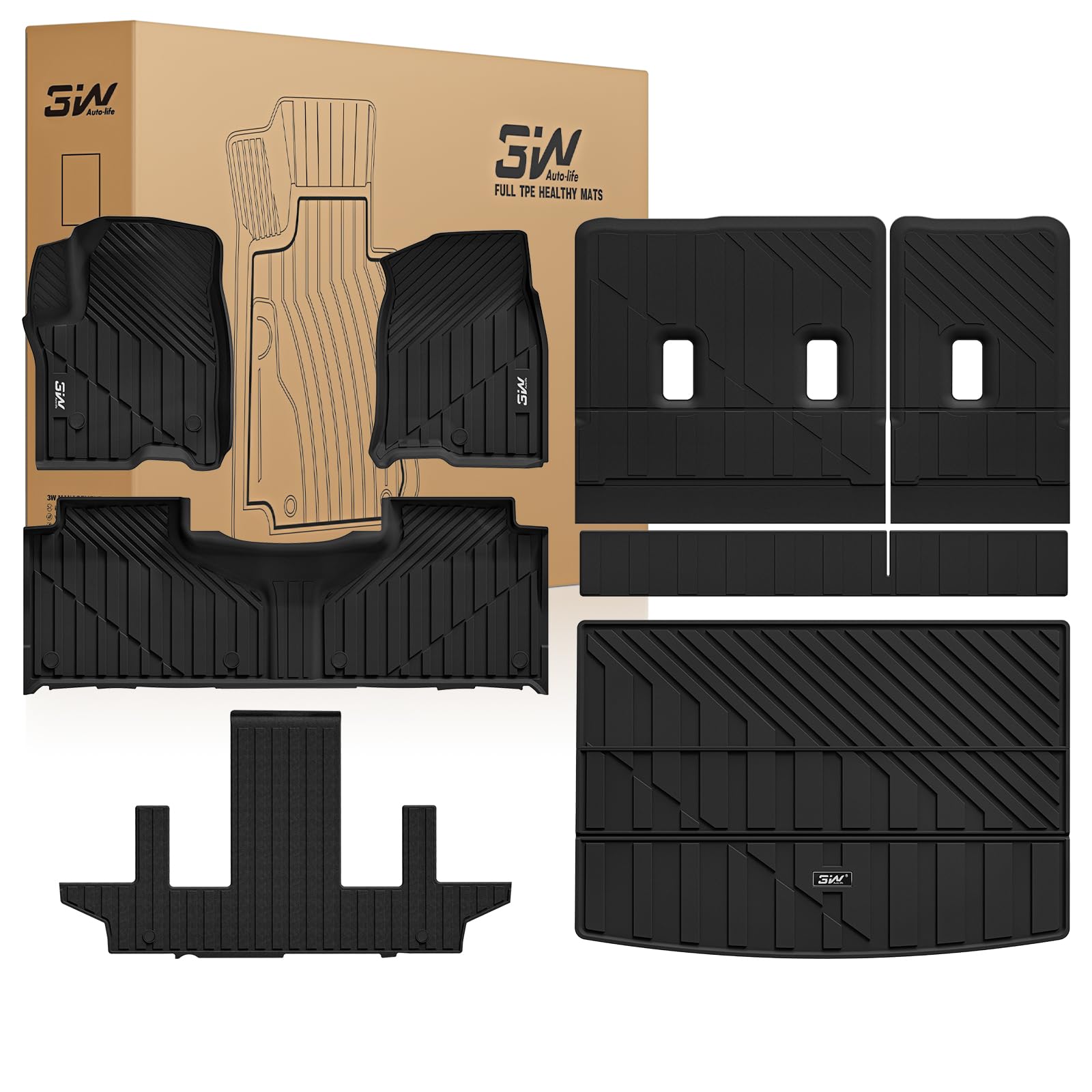 3W 바닥 매트 및 카고 매트 및 시트 백 매트 2021-2026(7개 시트만) 쉐보레 서버번/GMC 유콘 XL(유콘 XL만 해당), 유콘에는 맞지 않음)/캐딜락 에스컬레이드 ESV(에스컬레이드 아님), 전천후 자동차 매트