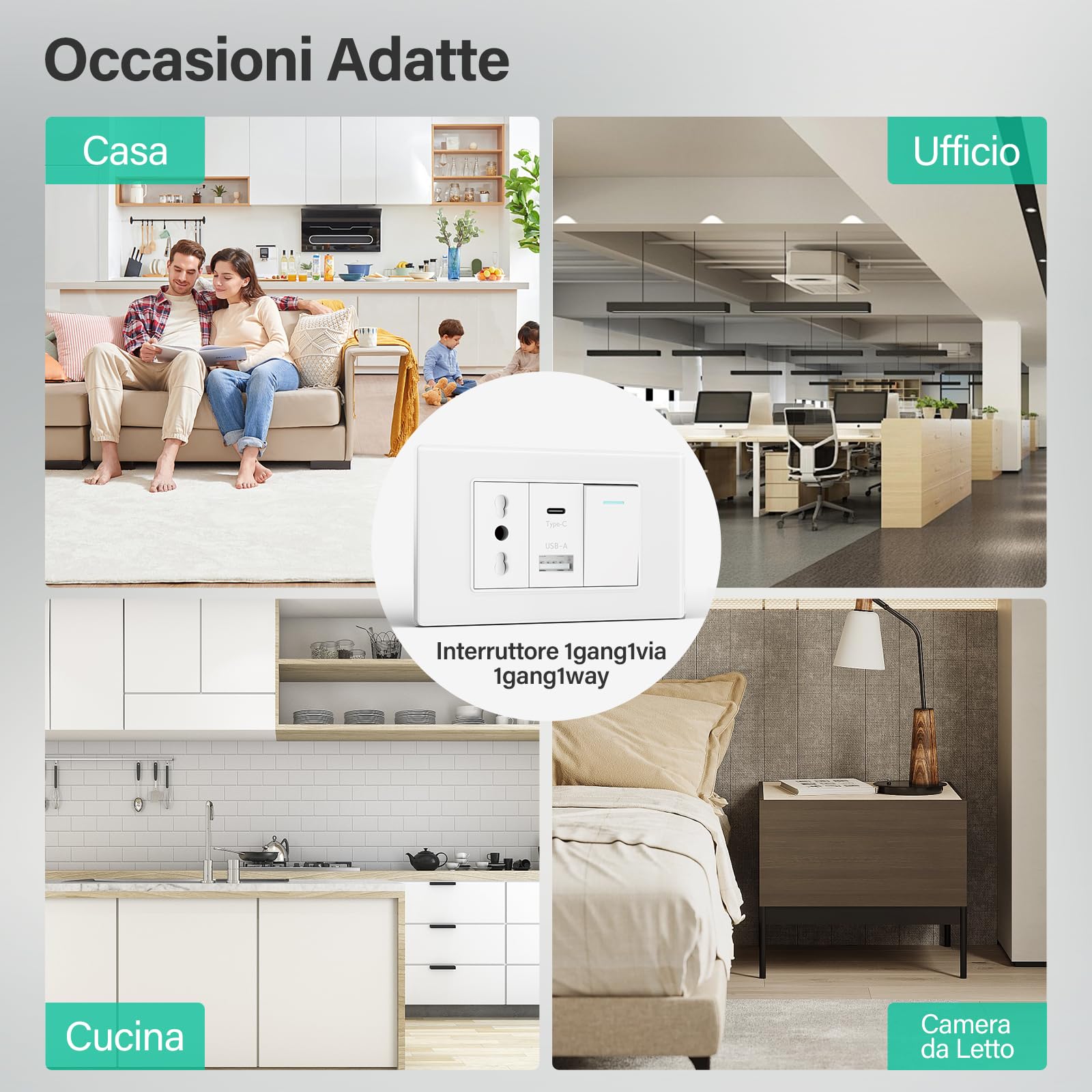 BSEED Prise avec USB A et USB C, prises électriques murales 118mm, prises italienne pour bureau à domicile, Prise+10.5W+1 Gang 1 Voie-4 pièces, Blanc