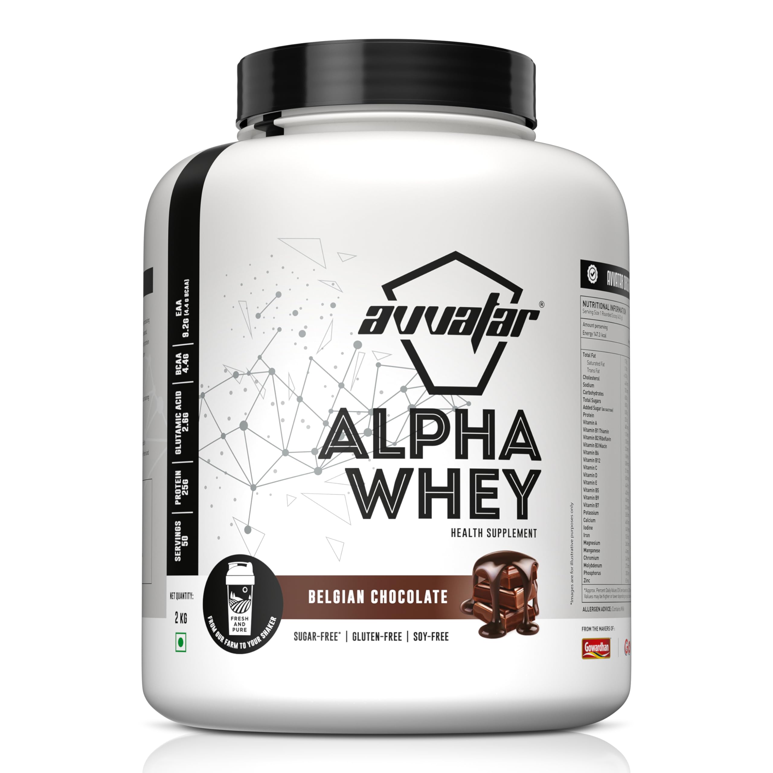 avvatar ALPHA WHEY PROTEIN | 2Kg | Belgian Chocolate Flavour | 25g Protein | 50 Servings