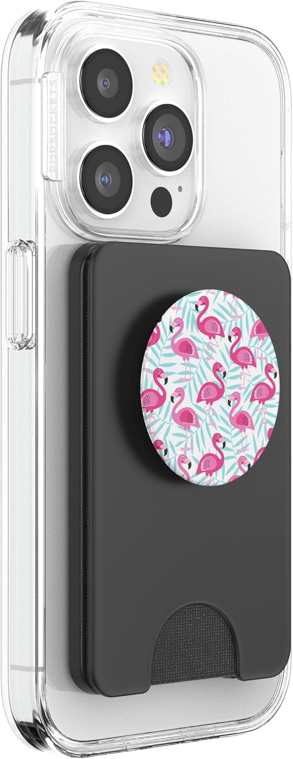 Pink Flamingos Teal Palm Tree Leaves Cute Beach Theme PopSockets PopWallet for MagSafe