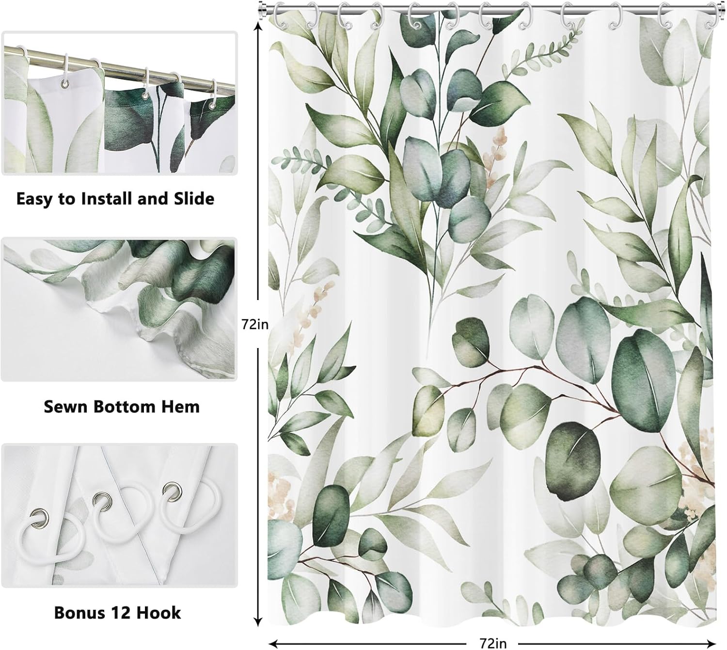Long Shower Curtain Green Eucalyptus Shower Curtains for Bathroom Watercolor Sage Green Shower Curtain Floral Bathroom Sage Shower Curtains Waterproof Bathtub Curtains 72x78 Inch with Hooks