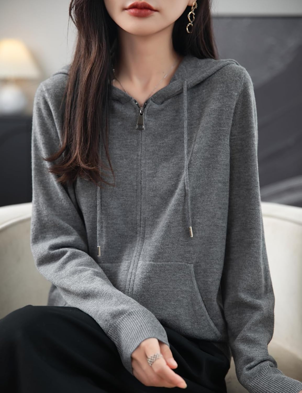 Women's Merino Wool Blend Cardigan 2025 Fall Winter Zipper Sweatshirt Crew Neck Long Sleeve Knit Hooded Cardigan - Image 2