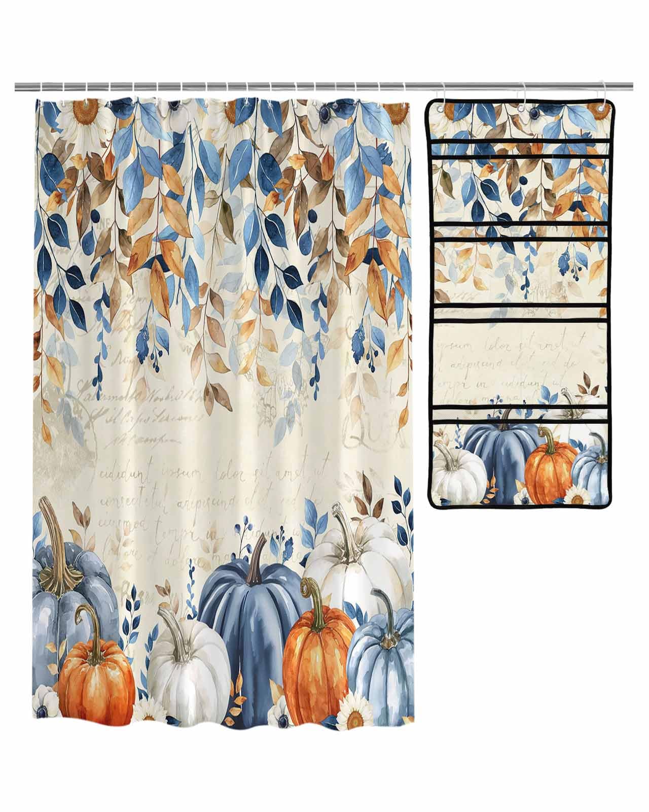 Decorative Shower Curtain Sets Fall Fabric Waterproof Shower Curtains Thanksgiving Vintage Eucalyptus Leaves Pumpkin Floral Mesh Shower Caddy