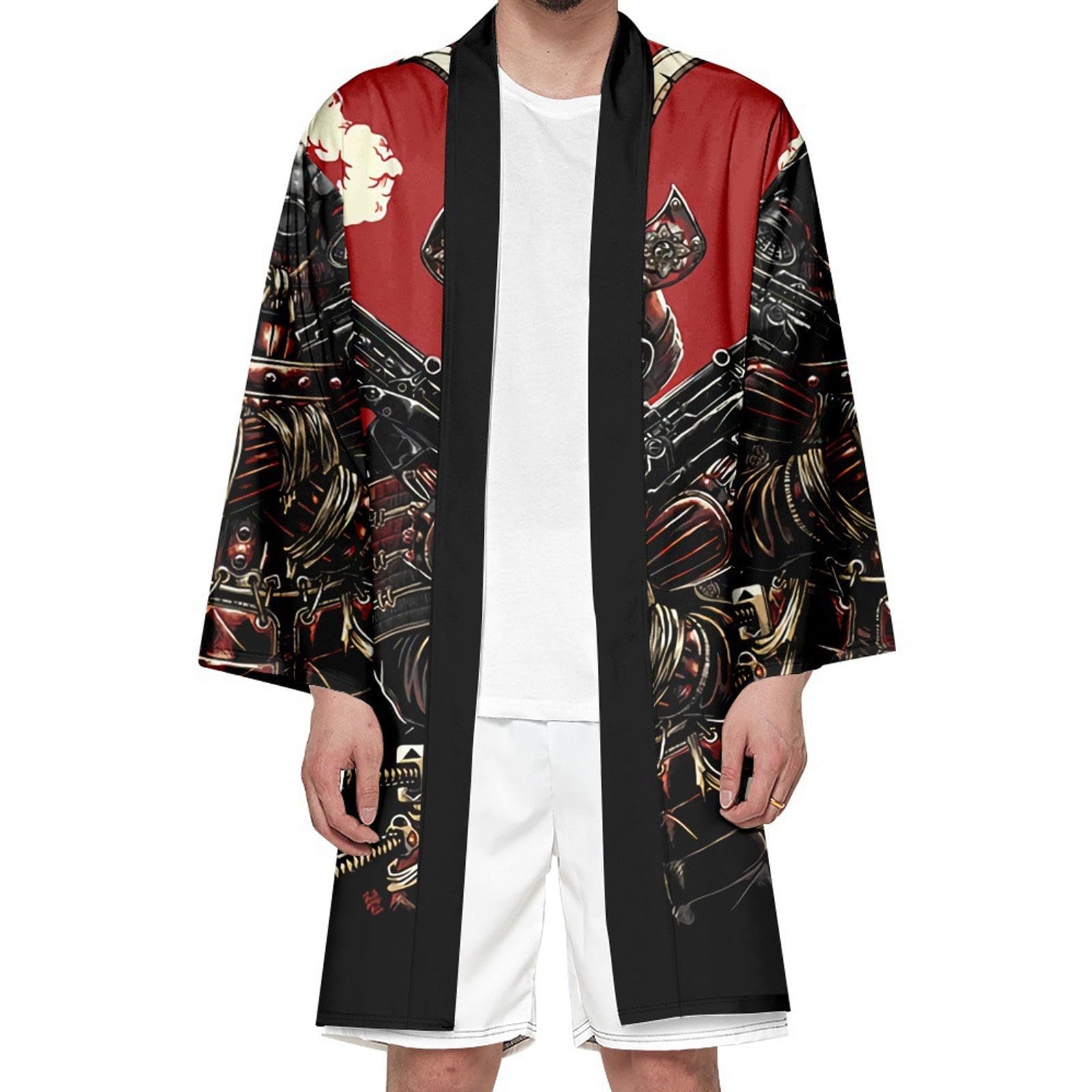 Cárdigan Tipo Kimono para Hombre, Camisa Tipo Kimono de Verano, Chaquetas japonesas Informales, Abrigo con Frente Abierto y Manga 3/4, Yukata Ligera,Black-XXL