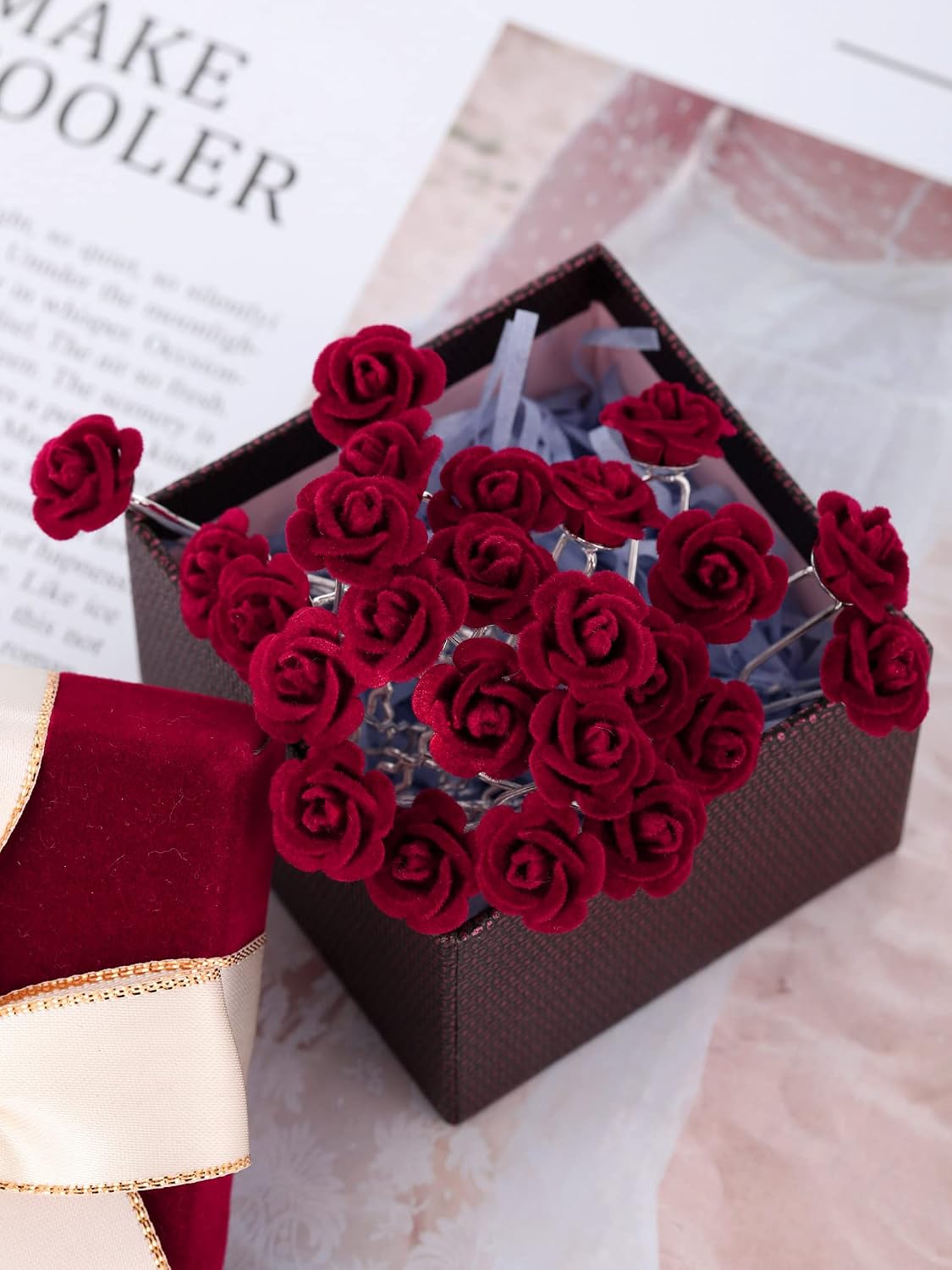 Bencailor 24 Pieces Rose Hair Pins Mini Burgundy Flower Hair Clips Accessories U Shaped Decorative for Bridal Wedding Dance Birthday Woman Small Bobby(Red)
