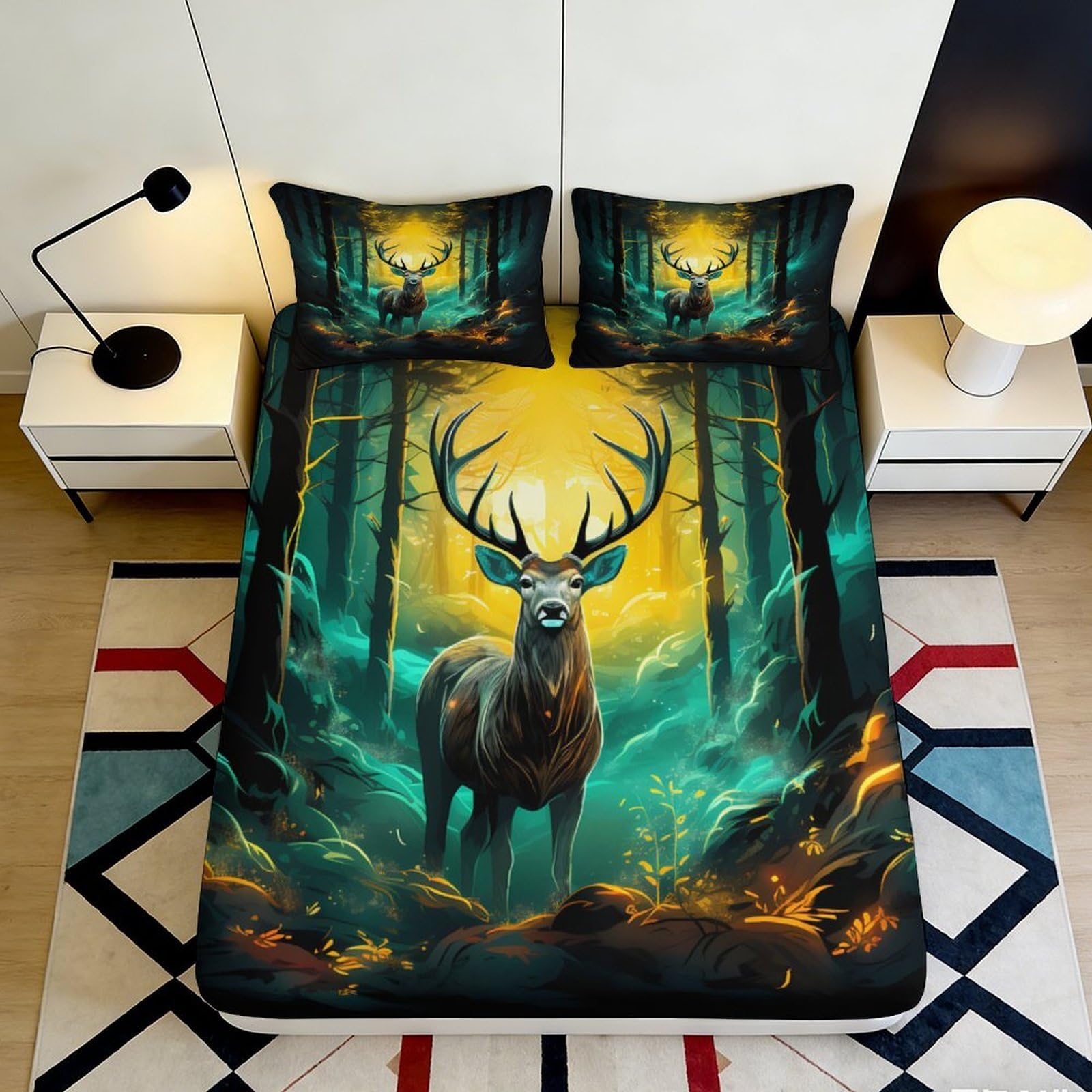 3D Printed Forest Deer Fitted Sheet Microfiber Soft Deep Pocket Non-Slip Bedroom Forest Deer Mattress Fitted Cover 140x200x25cm