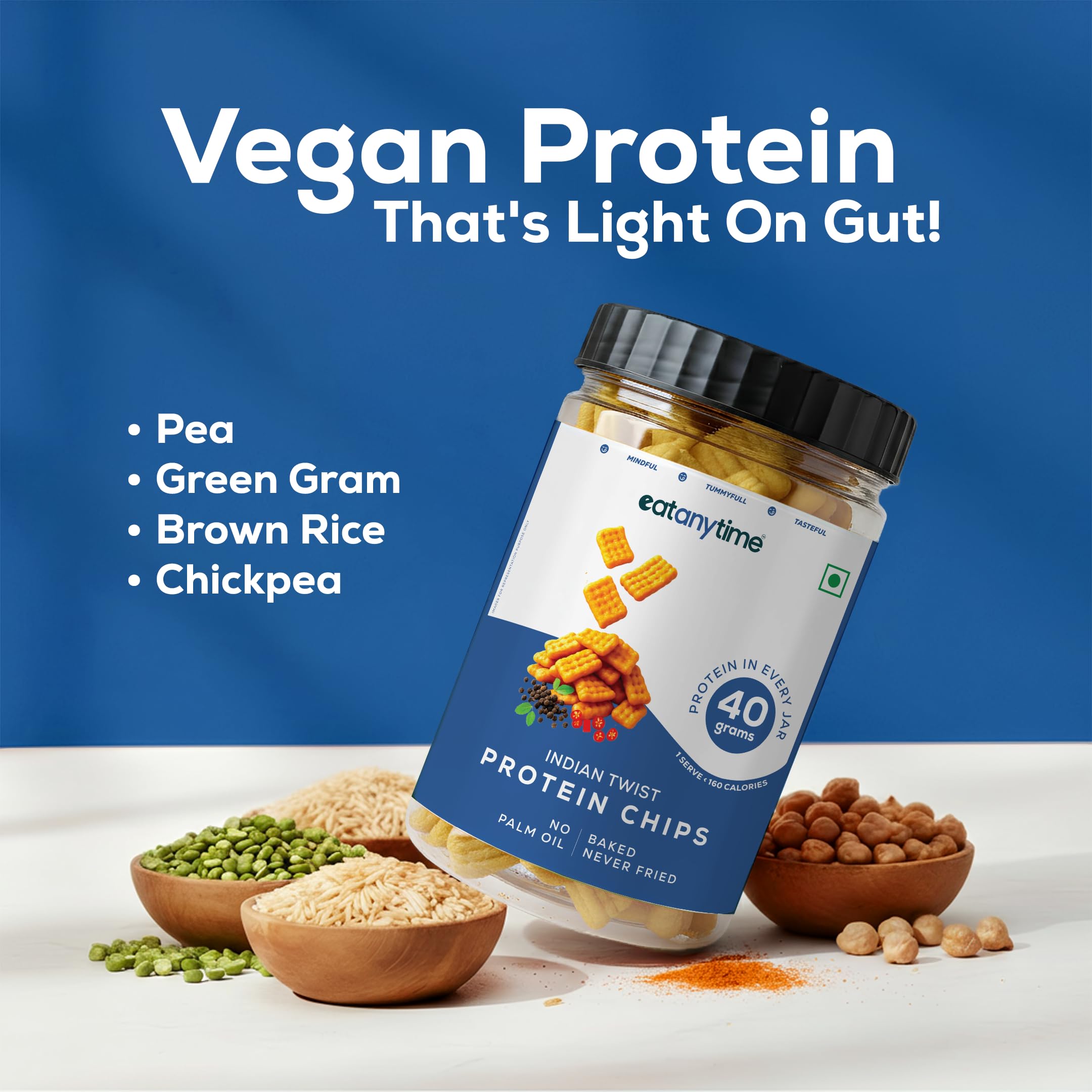 Eat Anytime - Multigrain Protein Chips, Indian Twist | 40 g protein per pack | Baked, Not Fried | No Palm Oil |High Protein, Low Calories (under 160) | 150 g — Amazon image 4