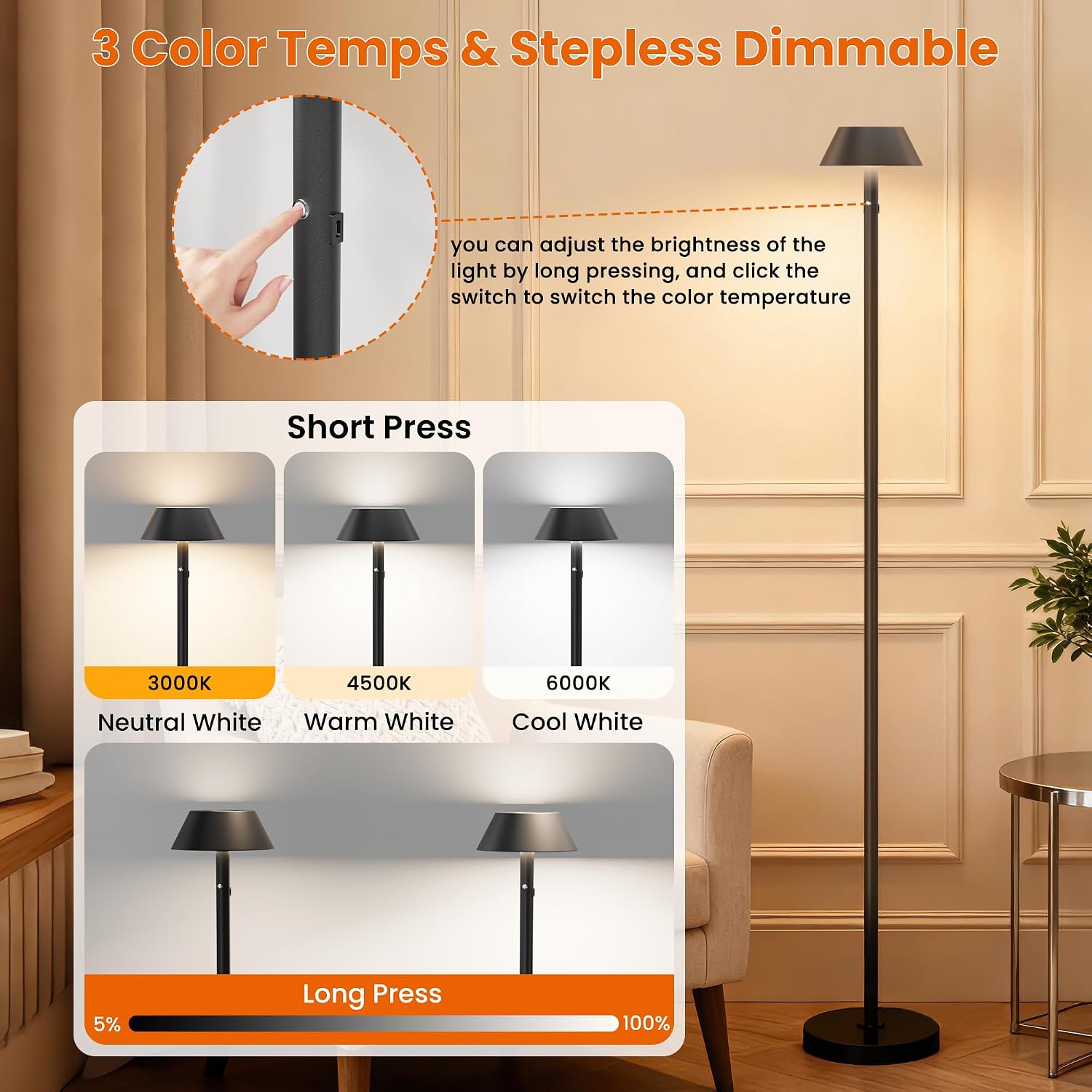 Cordless Floor Lamp Dimmable Rechargeable - Indoor/Outdoor Cordless Tall Standing Lamp with 3 Color Temps & Stepless Dimmable, Waterproof Outdoor Floor Lamp for Living Room, Bedroom, Patio