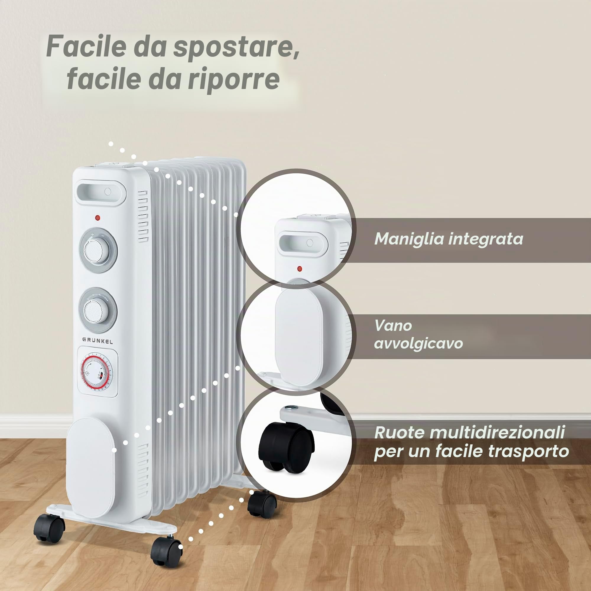 GRUNKEL RD-2000S Radiatore ad olio, 2000 W-2500 W, 9 elementi, 3 livelli di potenza, timer 24 ore, termostato regolabile, ruote multidirezionali