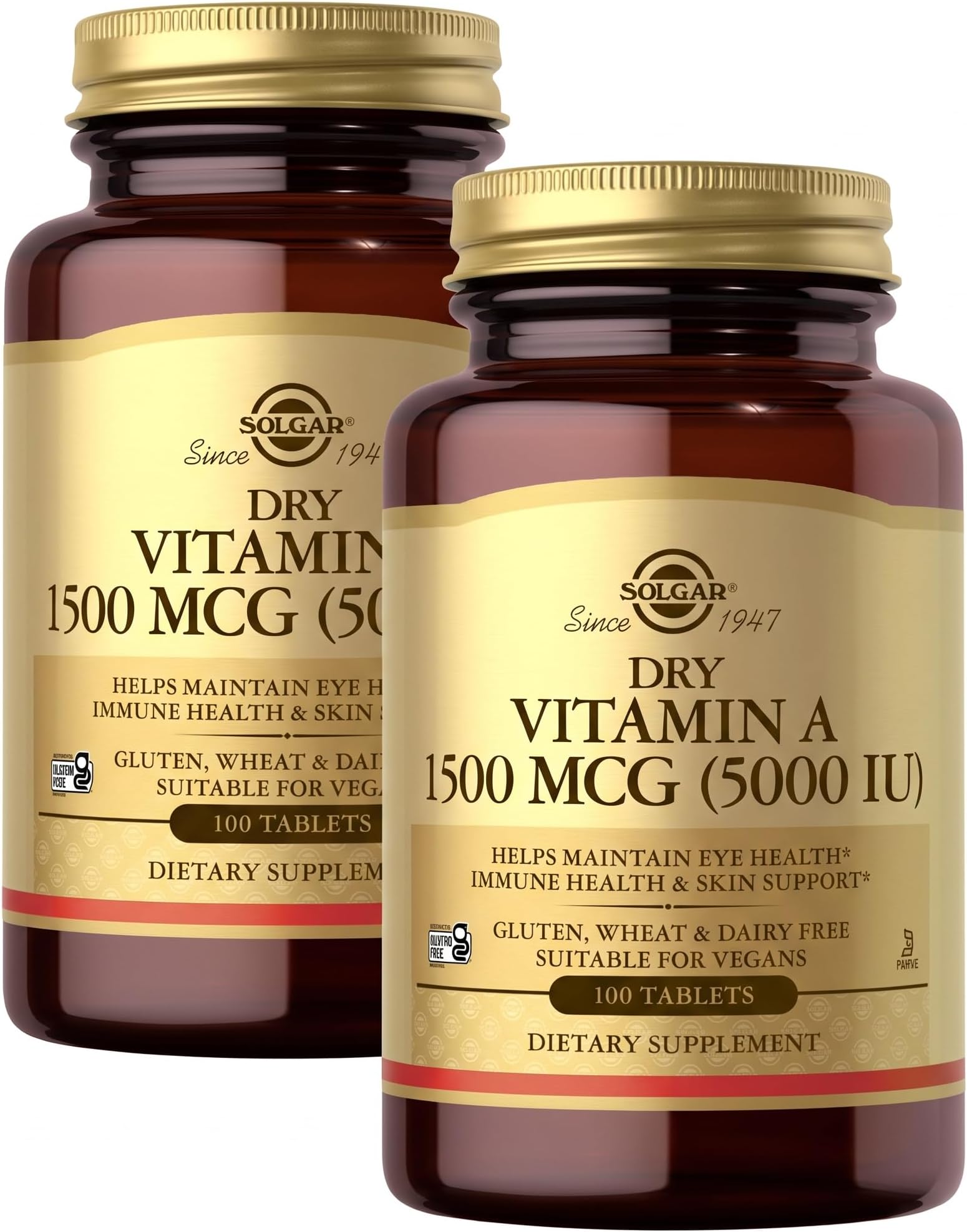 Dry Vitamin A 1500 mcg (5000 IU), 100 Tablets - Supports Healthy Eyes, Skin & Immune System - Non-GMO, Vegan, Gluten Free, Dairy Free, Kosher - 100 Servings (Pack of 2)