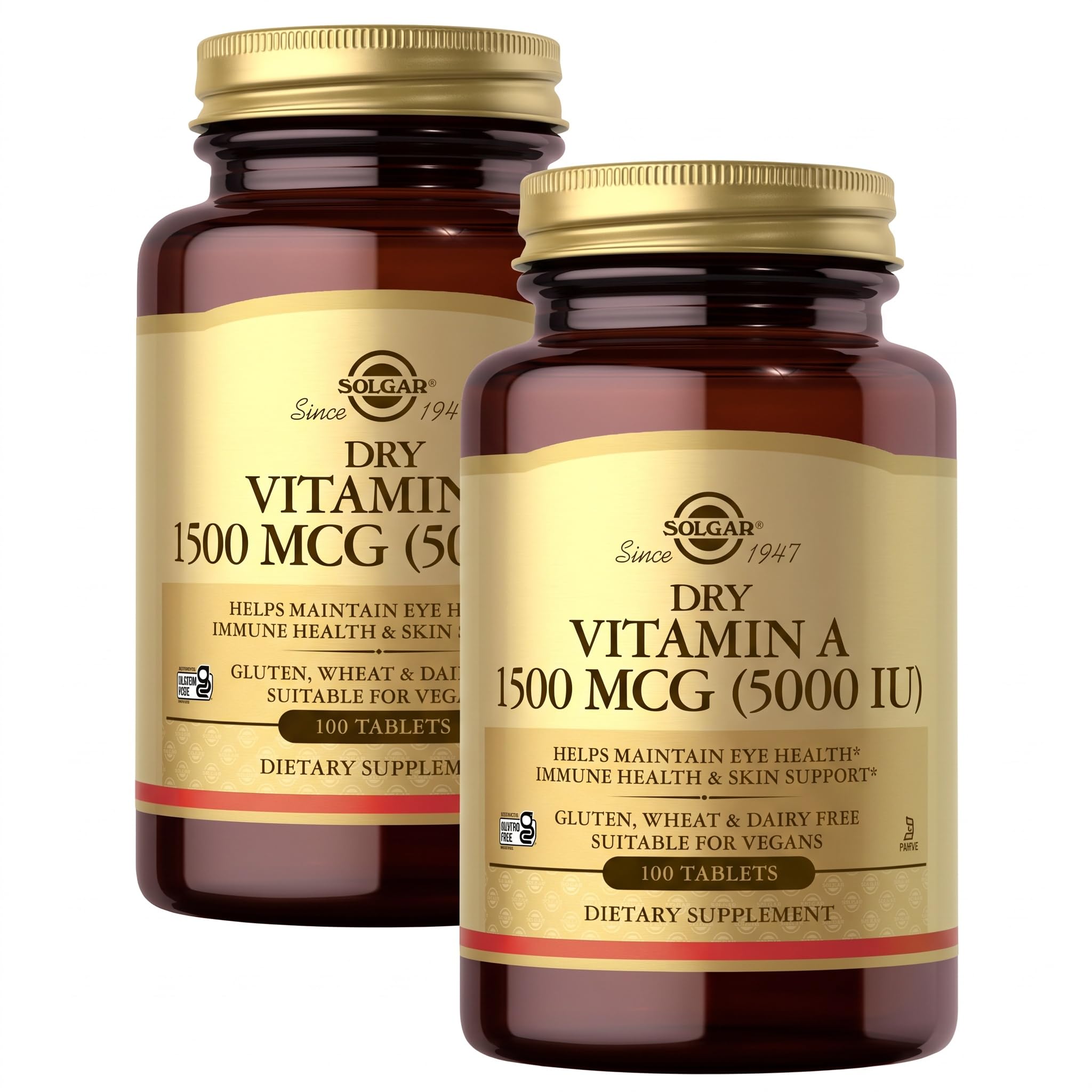 SOLGAR Dry Vitamin A 1500 mcg (5000 IU), 100 Tablets - Supports Healthy Eyes, Skin & Immune System - Non-GMO, Vegan, Gluten Free, Dairy Free, Kosher - 100 Servi