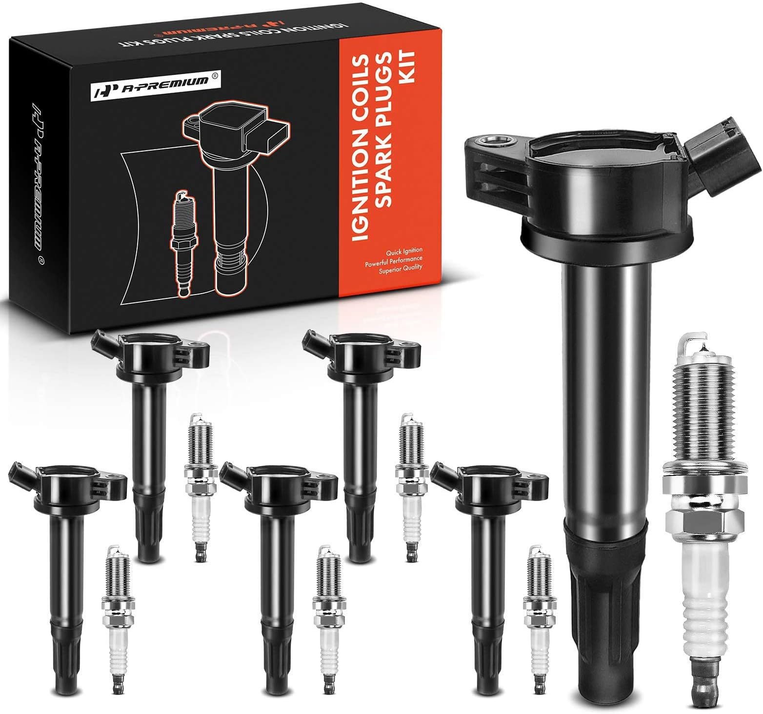 A-Premium Ignition Coil Pack and Iridium Spark Plugs Compatible with Toyota Camry 2010-2017, Tundra 2013-2014, Highlander 2009-2016, V6 4.0L, Set of 6
