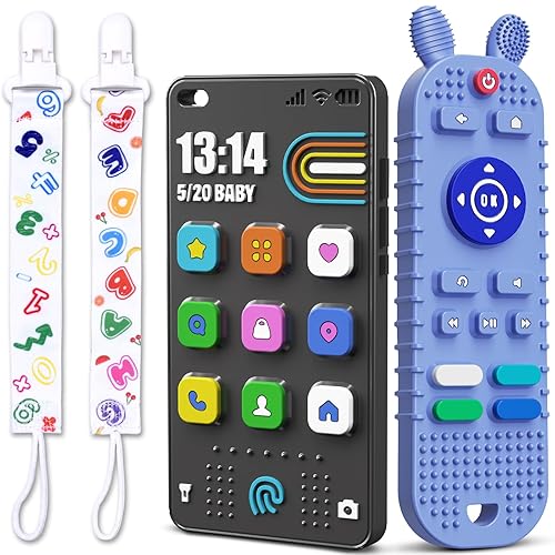 Juguetes de dentición para bebés con forma de control remoto de TV y juguetes mordedores con forma de teléfono para bebés de 6 a 12 meses, juguetes