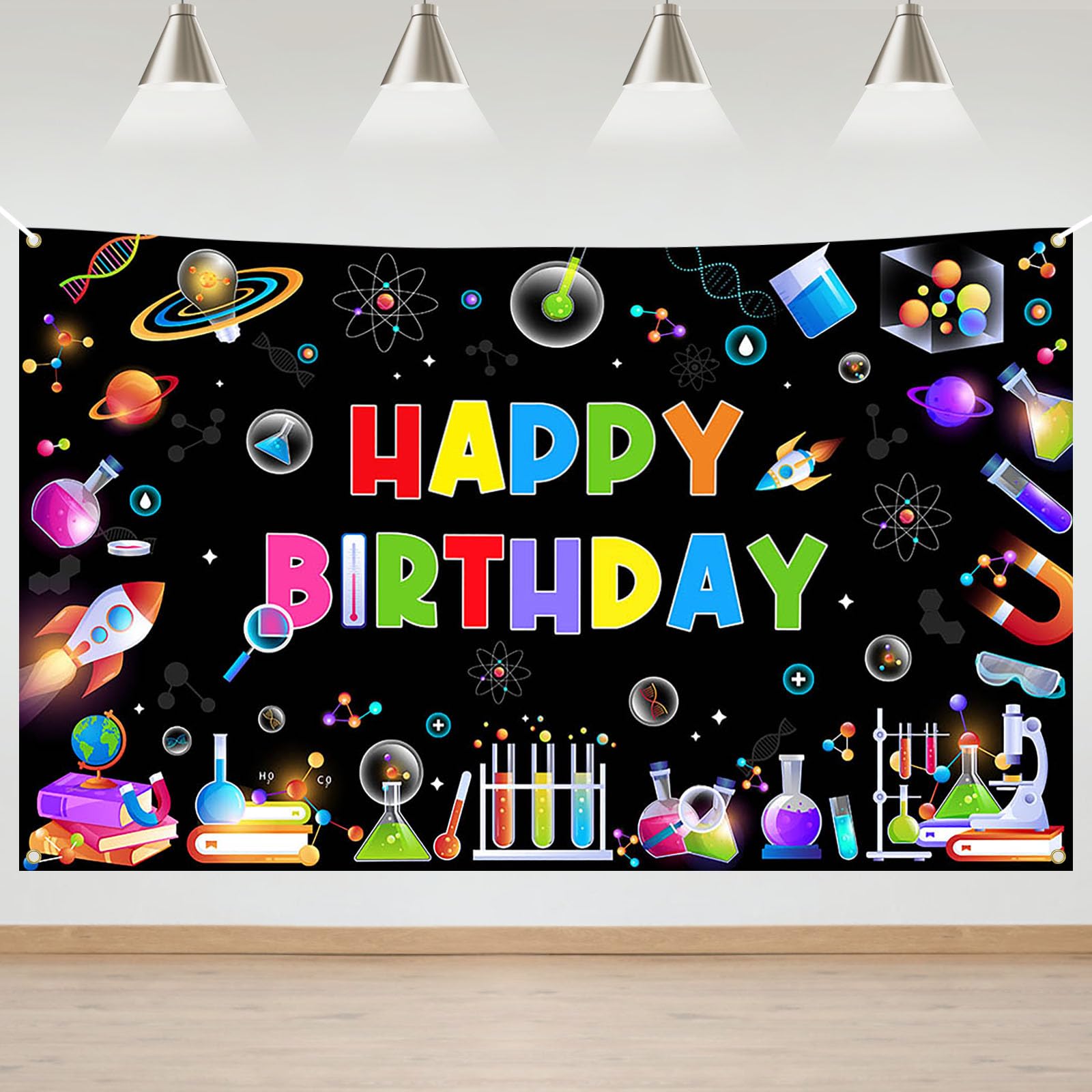 Avezano Science Happy Birthday Backdrop Banner Mad Science Fun Scientist Chemical Experiments Background for Boys Girls Physical and Chemical Party Banner Decor 70.8 x 43.3 Inch