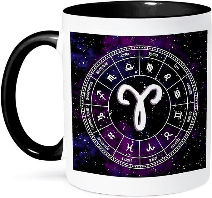 3dRose Aries Zodiac sign stylish astrology design. White stars, purple space 11oz Two-Tone Black Mug