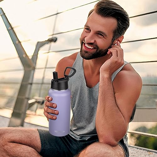 Miniatura 7 de Botella de agua aislada con popote, botella de agua deportiva de acero inoxidable aislada al vacío de 32 onzas, mantiene el frío y el calor, botella