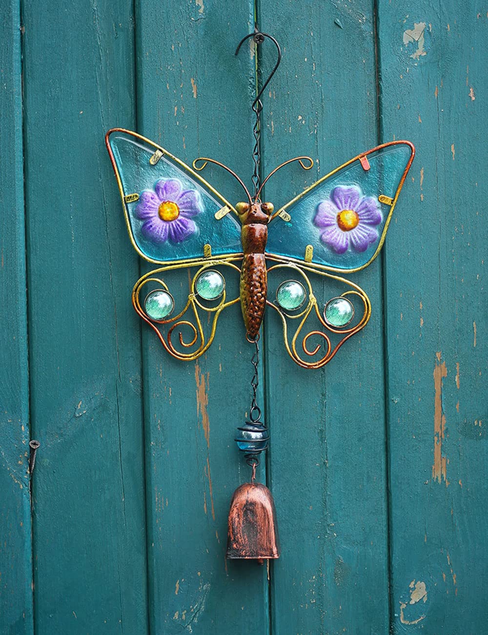 Campanelli A Vento A Farfalla Per Esterni - Metallo, Blu Vintage, Con Tubi In Alluminio E 7 Farfalle, Regalo Per Giardino