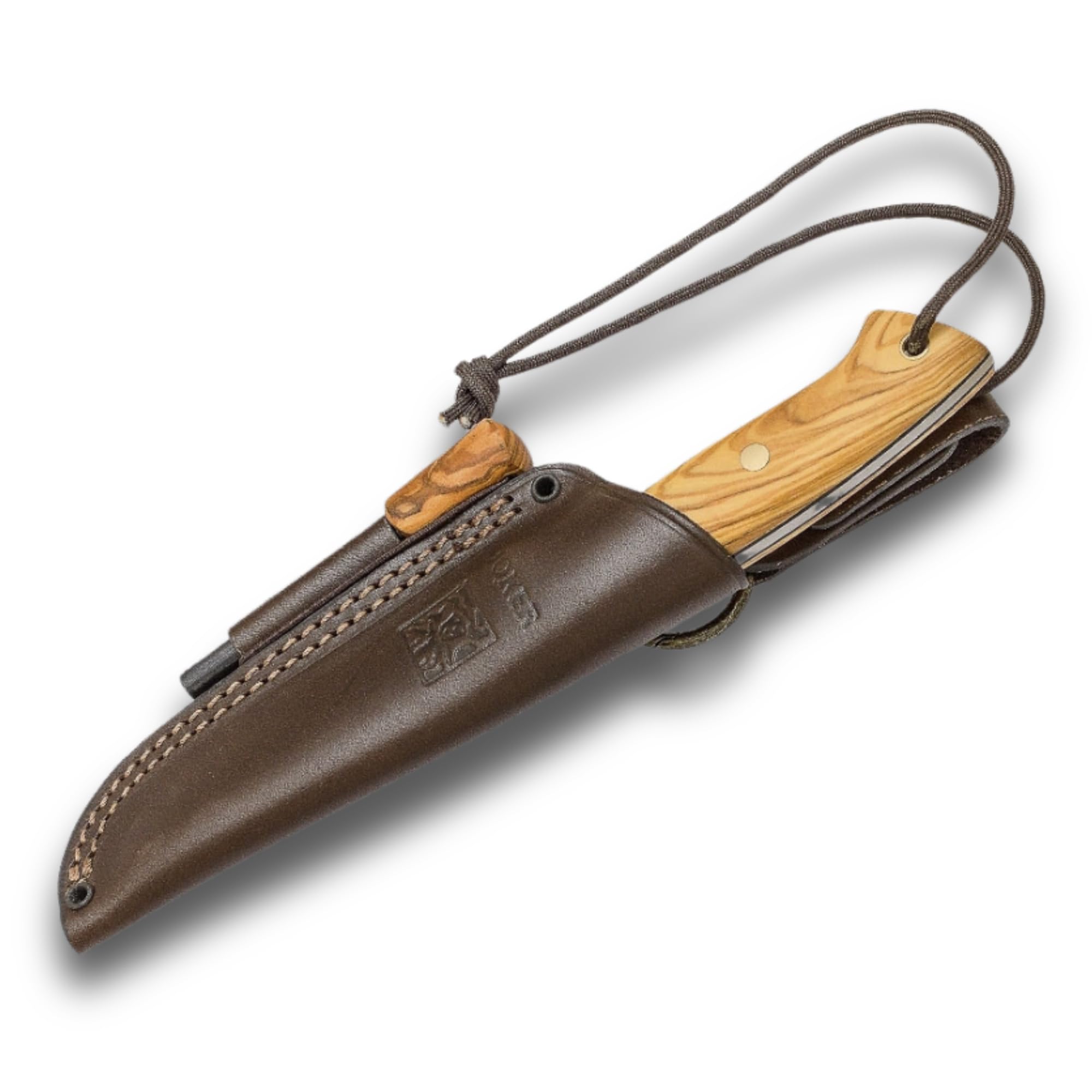 Joker Ranger CO144-P Bushcraft Hunting Knife – 4.3'' 14C28N Steel Blade, Olive Wood Handle, Brown Leather Sheath with Fire Starter – Outdoor Knife for Hunting, Fishing, Camping & Hiking