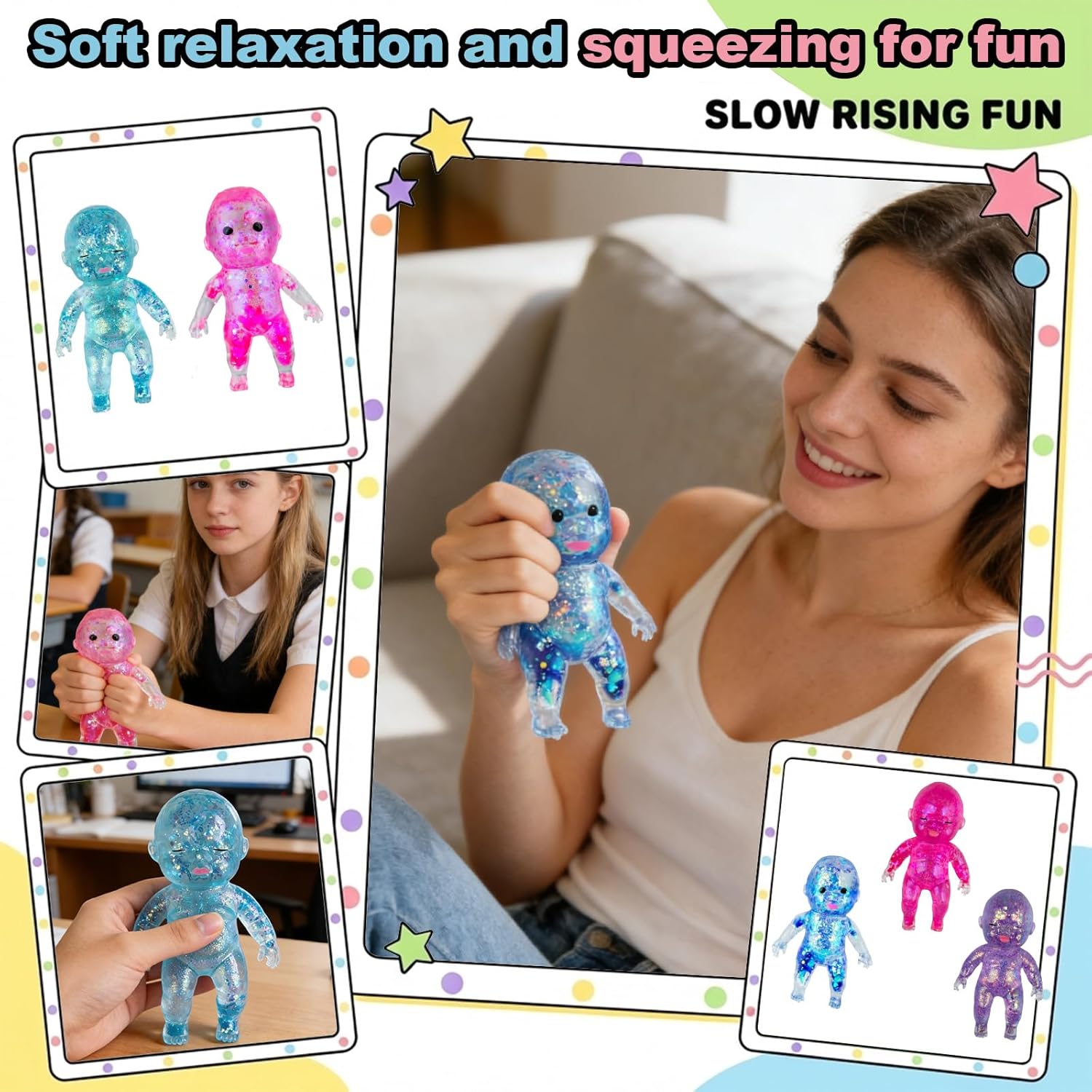 7cm Glitter Doll Squishy Toy, Soft Material Stress Relief Fidget for Daily Relax and Play