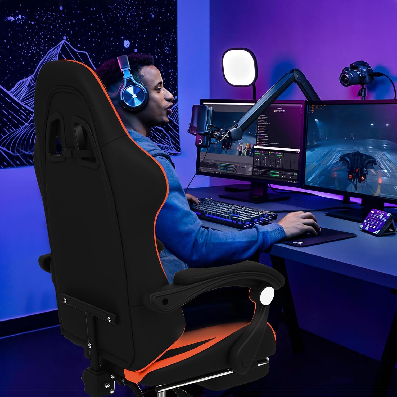 Gaming Chair Office Chair, Reclining High-Back PU Leather Computer Desk Chair with Headrest and Lumbar Support, suitable for gaming chairs, office storage, office shelving, and more（Orange）