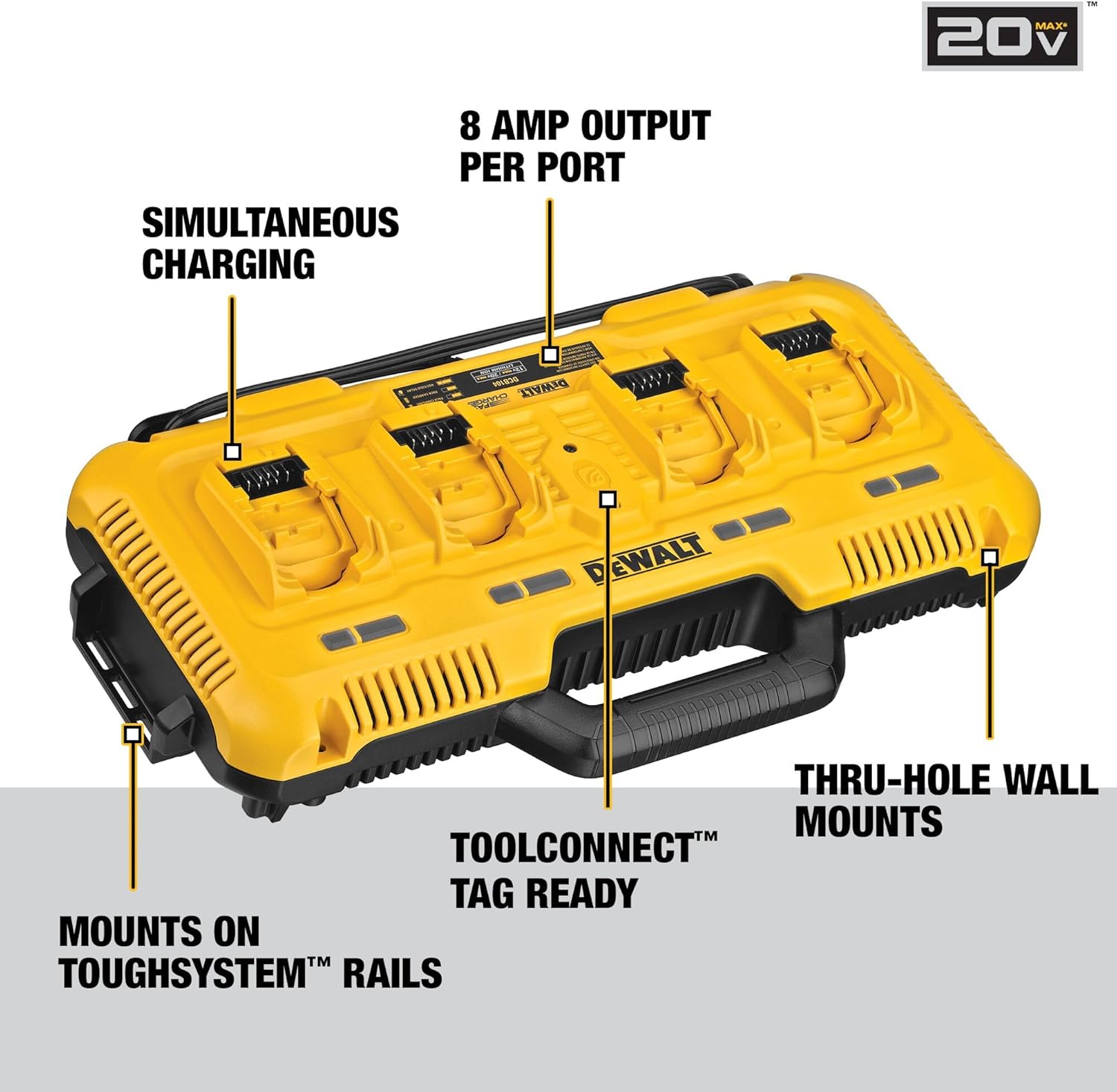 DEWALT Battery Charger for 12V MAX, 20V MAX and FLEXVOLT 20V/60V MAX Batteries, 8 Amp, 4 Port Simultaneous Fast Charging Station (DCB104) - Image 2
