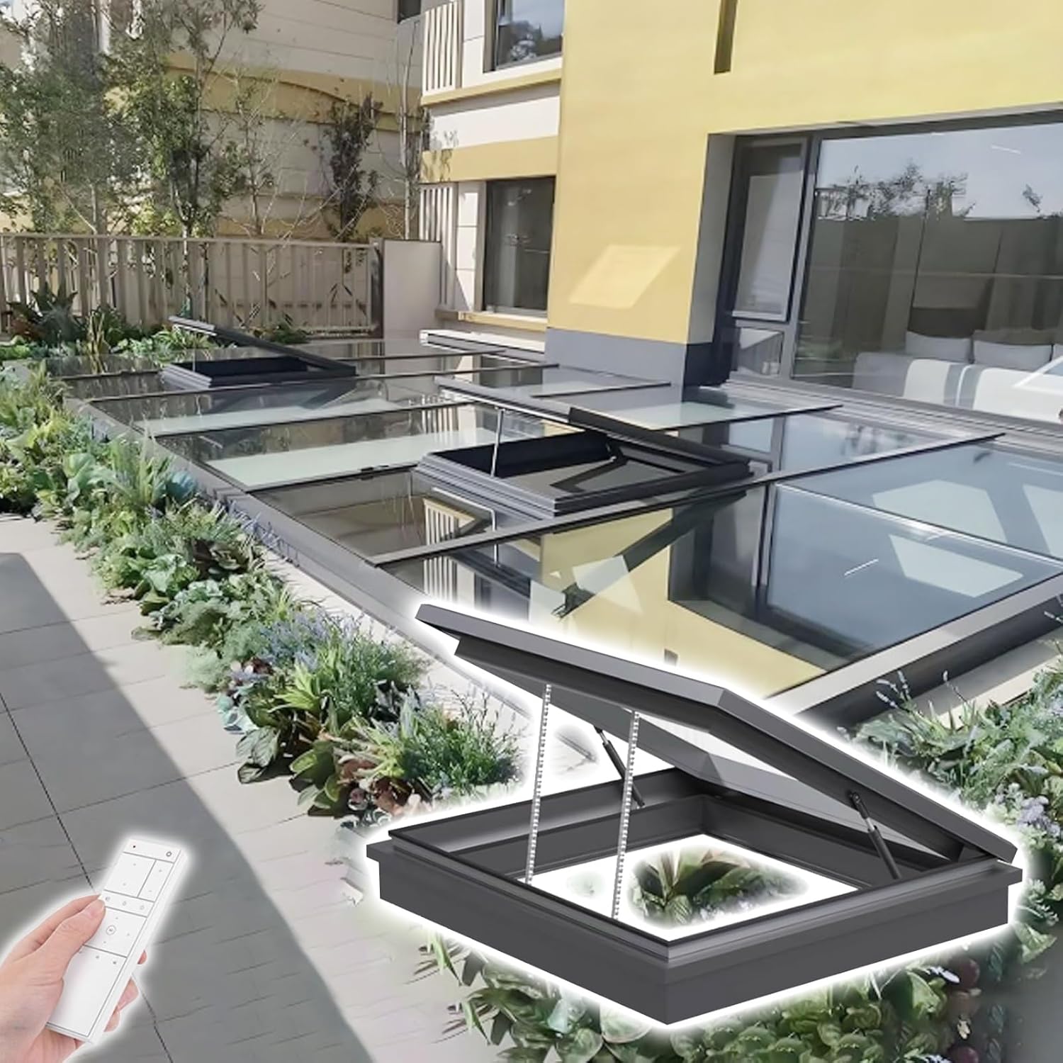 Sun Room Roof Skylights,Automatic and Intelligent Skylight House Roof Window,Sloped Flat Roof Lighting Well Window for Indoor Attic,Electric Opening with Remote and Rain Sensor