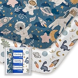 Graco Pack and Play Sheets Fitted, TotBasic Ultra Soft Mini Crib Sheets Boy, Neutral Pack N Play Mattress Sheets Hypoallergenic and Soothing, Premium Jersey Playrad Sheets, 2 Pack (Dino Space)
