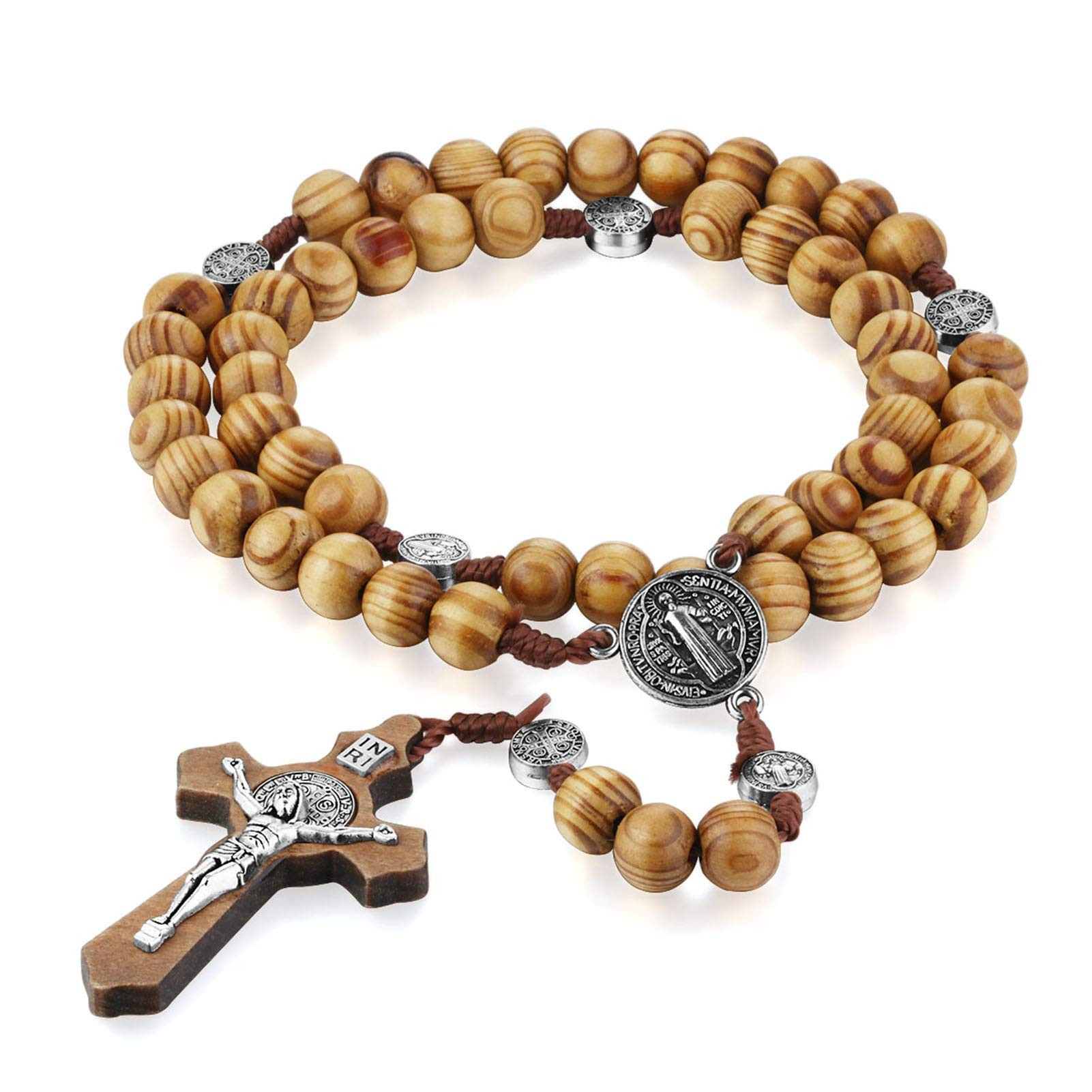 COTTVOTT Wood Rosary Beads Necklace Catholic Saint Benedict Medal Cross Pendant Necklace Prayer Gift