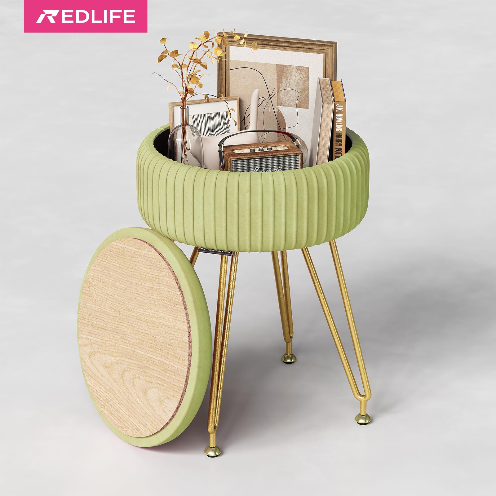 Redlife Velvet Vanity Chair, otomano Tocador taburete de almacenamiento, moderno y elegante, color verde matcha