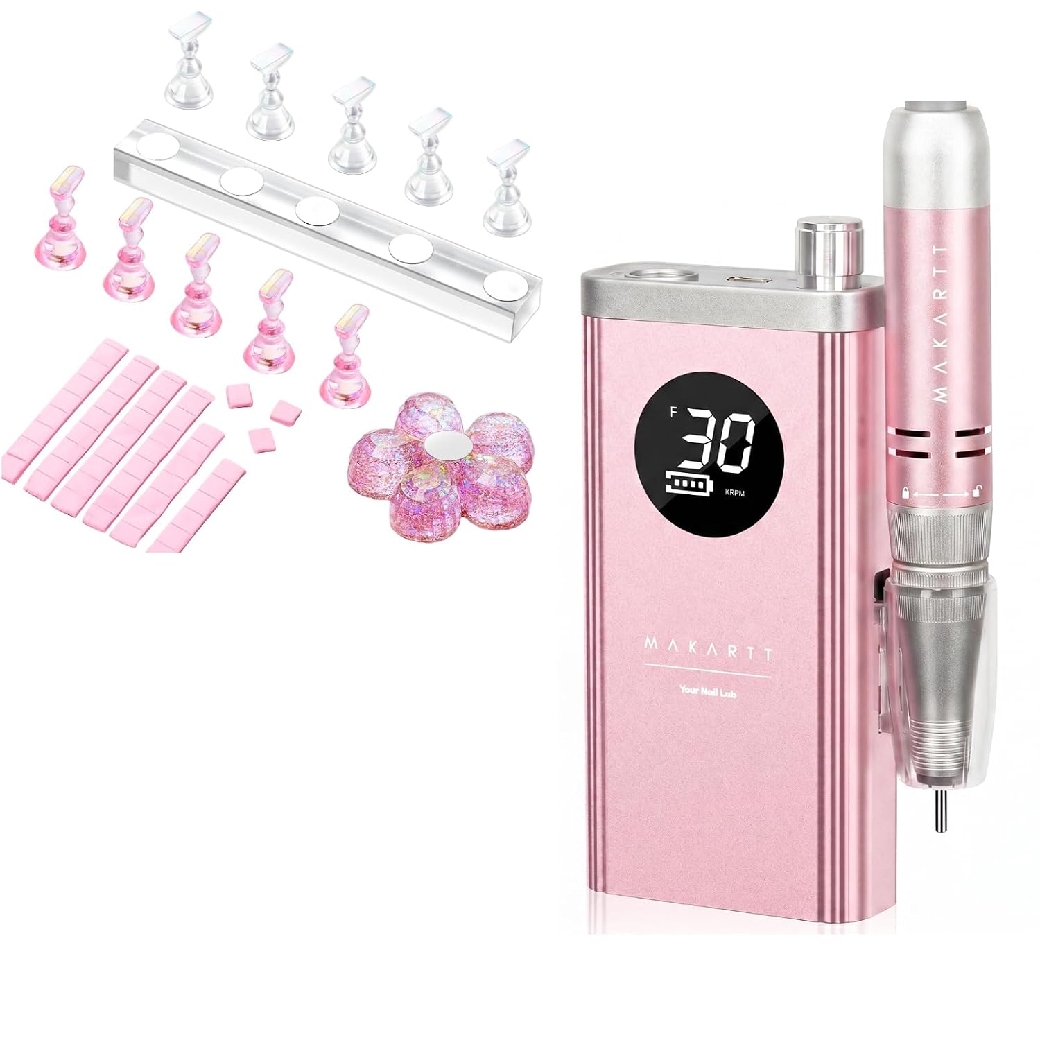Makartt Nail Stand for Press On Nails Display Practice Bundle with Cordless Nail Drill 30000RPM - Rechargeable Electric Nail File for Beginners & Pros Ready