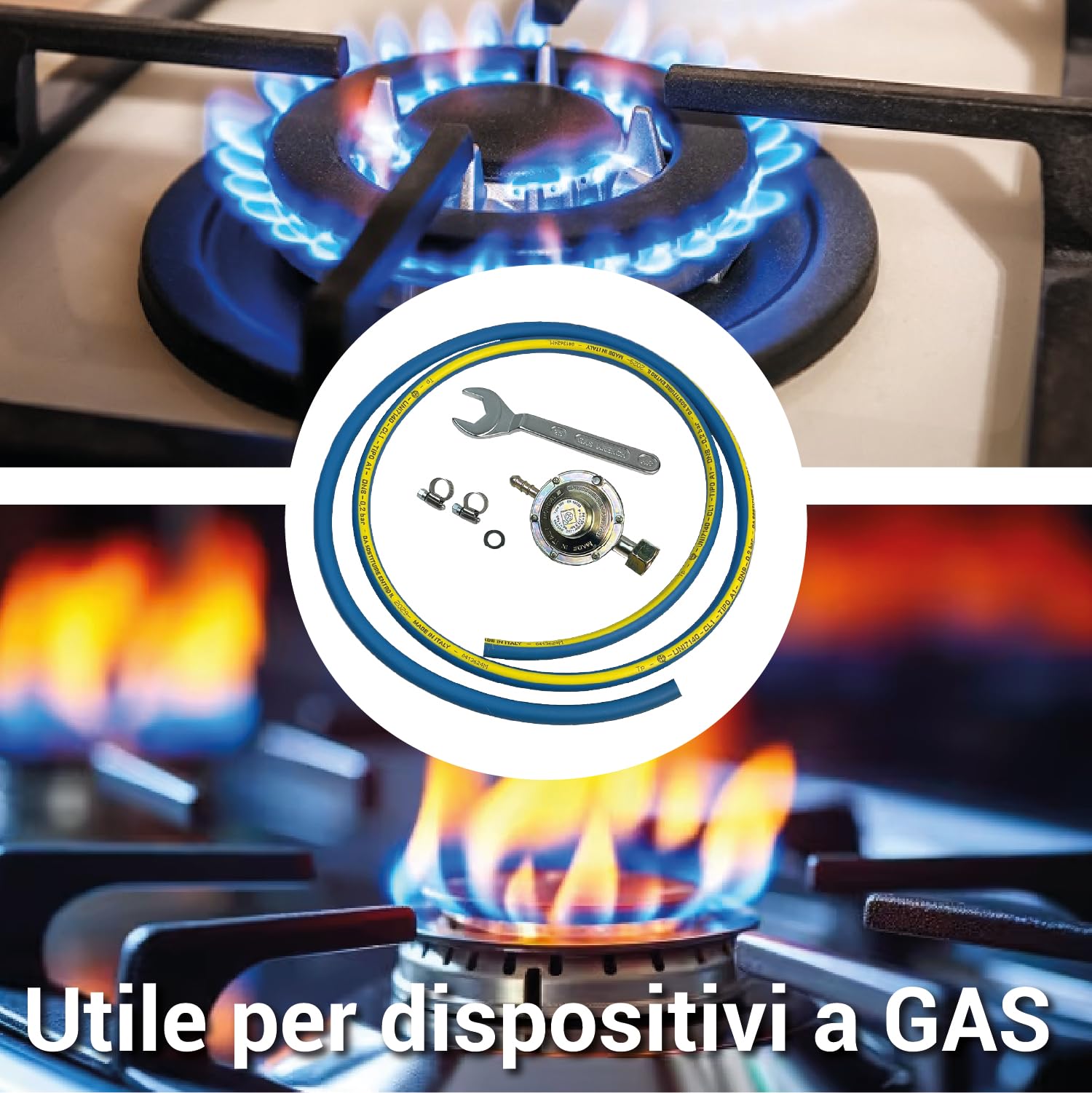 Crisalide®- Kit Tubo REGOLATORE Professionale 4 pz (Gas, Gpl) Cucina, Barbecue, Stufa: 1 Tubo+1 Regolatore+2 Fascette+1Chiave: Omologato 7140 IMQ Pressione 20/60 Bar, Made in Italy (Variabile)