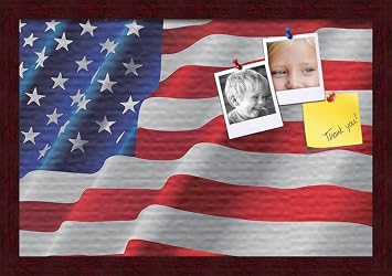 PinPix Custom Printed pin Cork Bulletin Board Made from Canvas, Waved American Flag 18 x 12 Inches Completed Size and Framed in Classic Mahogany Frame PinPix-35