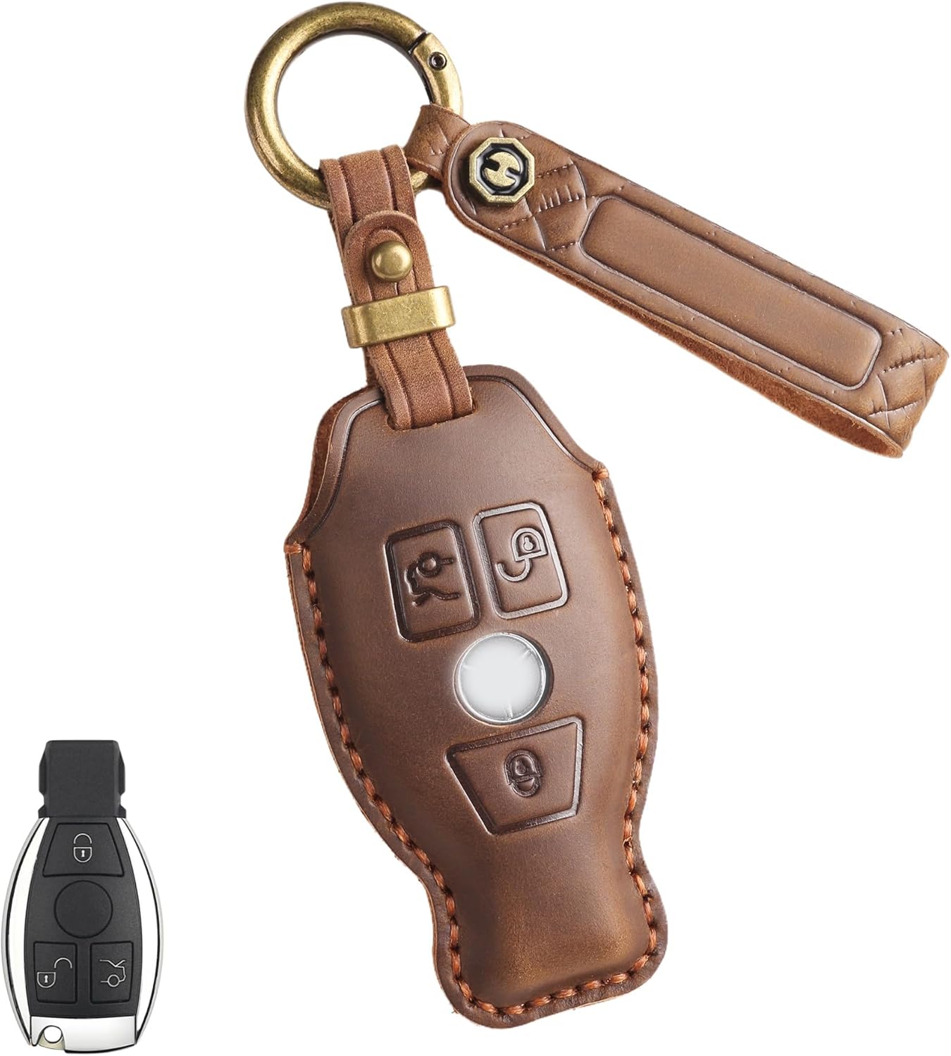 Key Fob Cover for Mercedes Benz, Premium Leather Car Key Case Shell Protector with Key Chain for Mercedes C E M S CLS CLA GLK GLA GLC GLE AMG Class (BROWN, Size-B)