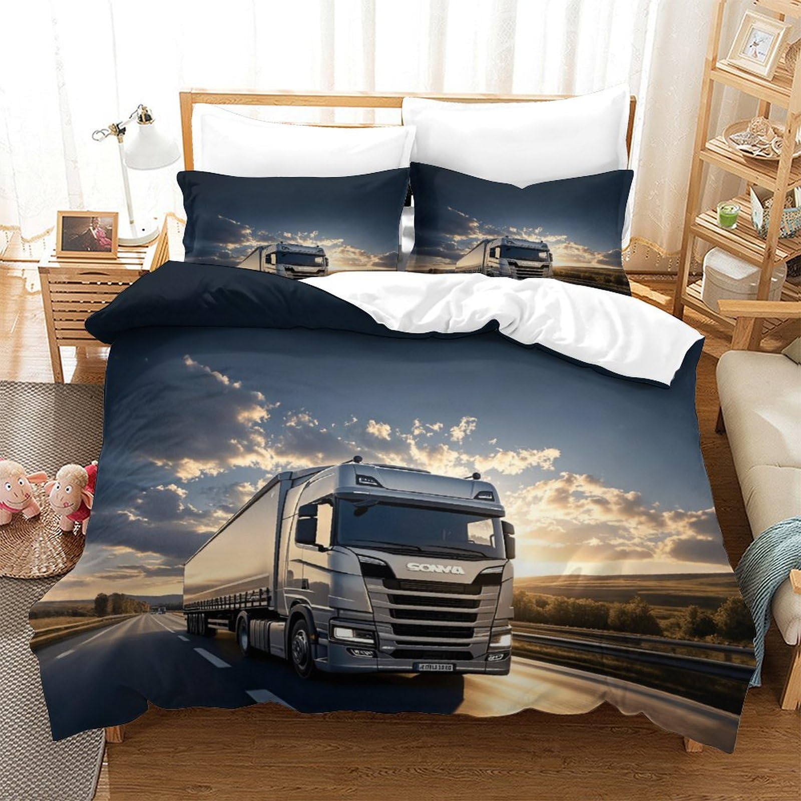 XiaopangXY Lorry Warmth Duvet Cover Set Hidden Zipper Quilt Cover Set with Pillowcases Bedding Set Soft Microfiber Truck Comforter Cover for Kids & Adults Double（200x200cm）