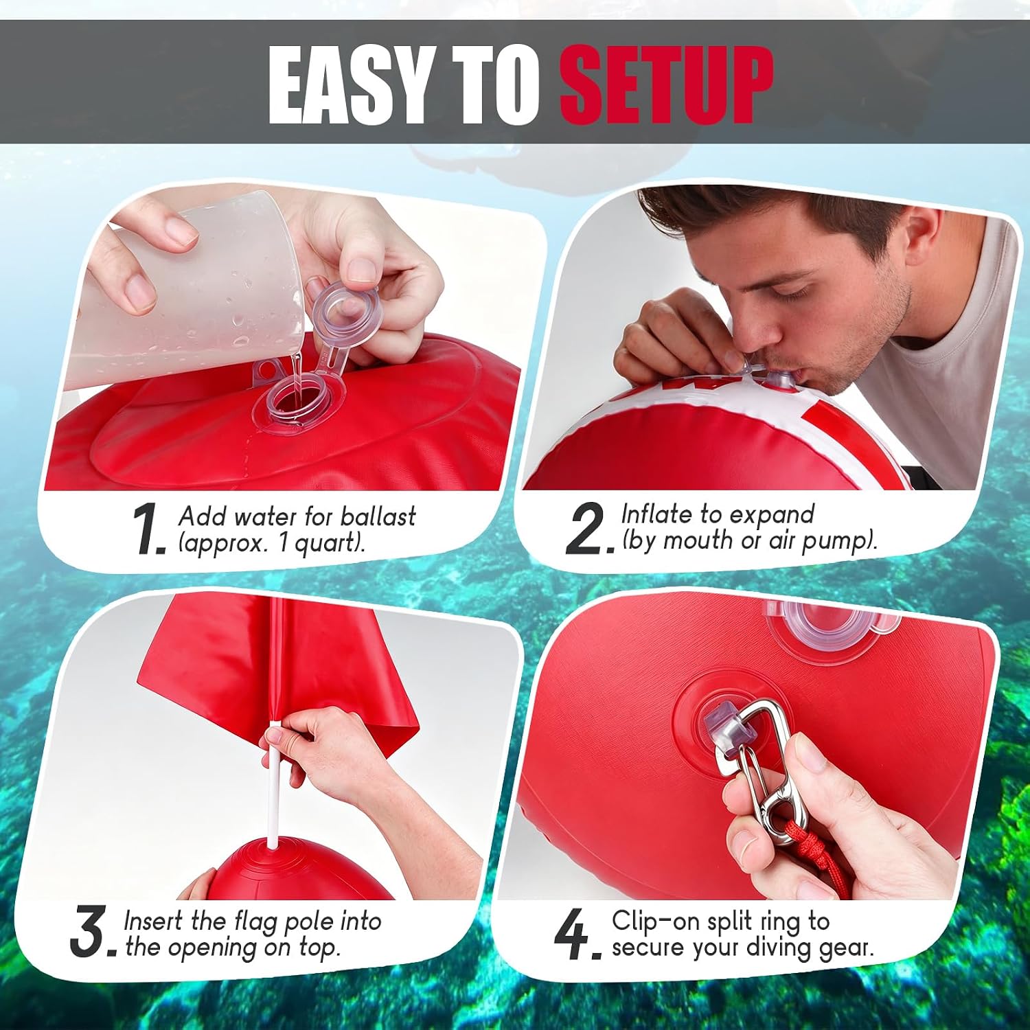 Self-Righting Inflatable Surface Marker Buoy with Dive Flag and Rope | Heavy Duty PVC Freediving Buoy with Water-Fillable Base, Dual 316 Stainless Steel Hooks for Spearfishing, Snorkeling