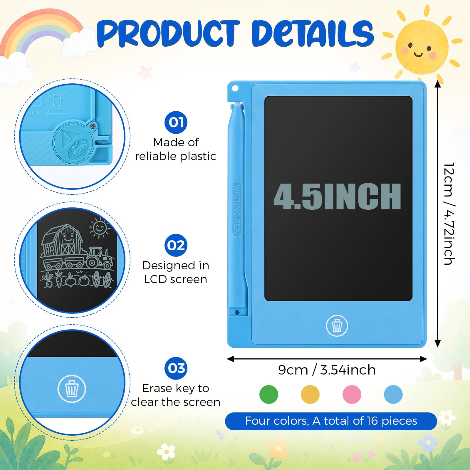Nezyo 16 mini tabletas de escritura LCD de 4.5 pulgadas para niños, tablero electrónico de garabatos, tableta de dibujo colorida, bloc de escritura borrable a granel, reutilizable, regalo de