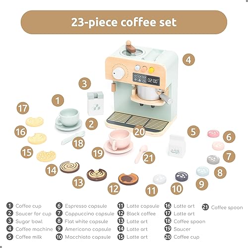 Miniatura 5 de UMU Cafetera de juguete de madera para niños, accesorio de cocina de juego de simulación para niños pequeños, juego de máquina de café expreso,