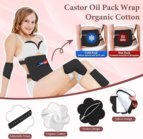 Miniatura 2 de Paquete de 7 unidades de aceite de ricino, kit de aceite de ricino orgánico para rodilla, cintura, pecho, cuello, pierna, correas elásticas