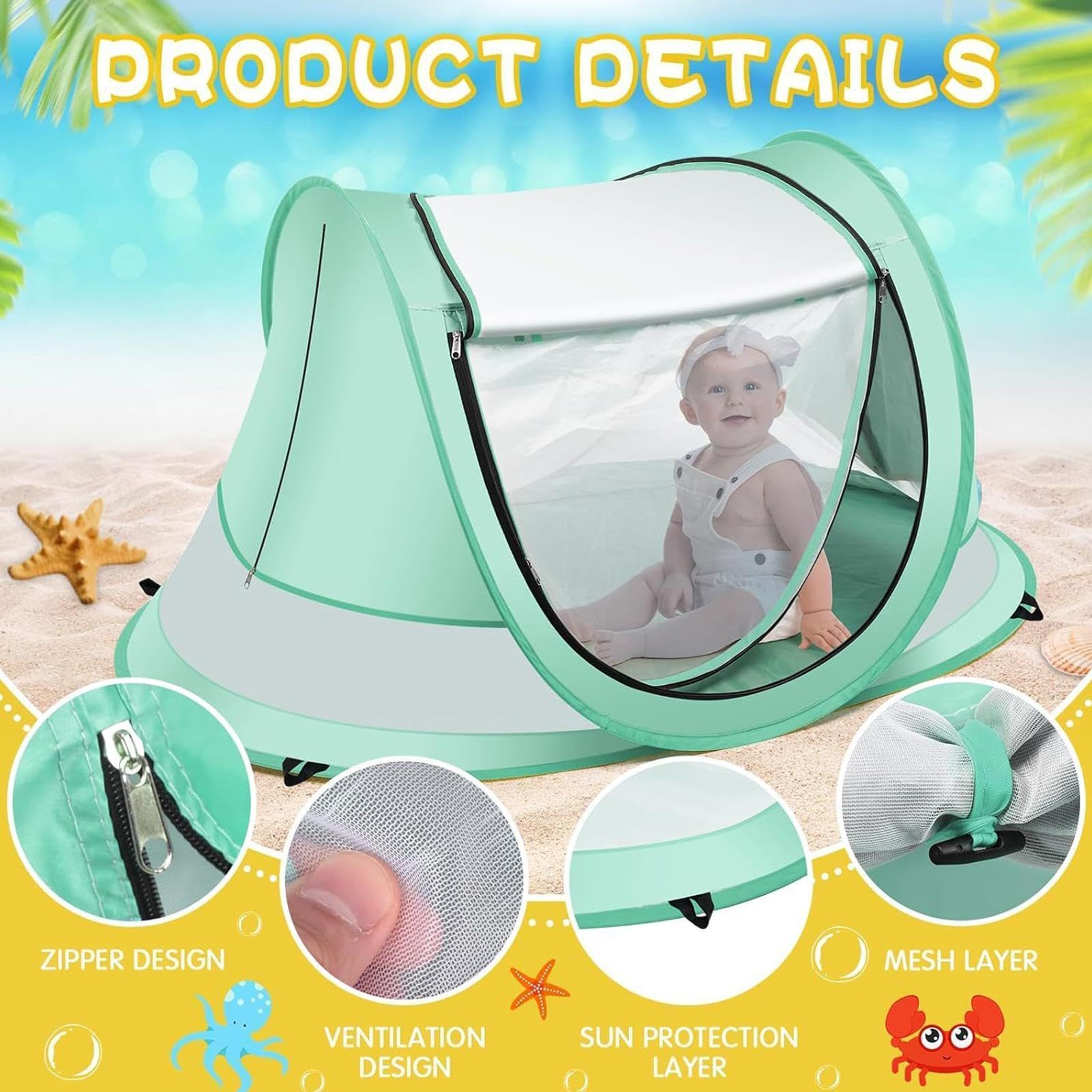 Tente de Plage - UPF 50+ auvent Pliant Enfant,Tente Anti-UV Résistante pour Petits,pour Voyages, Camping, Pique-niques, Jardin, Parc et Vacances en Plein air